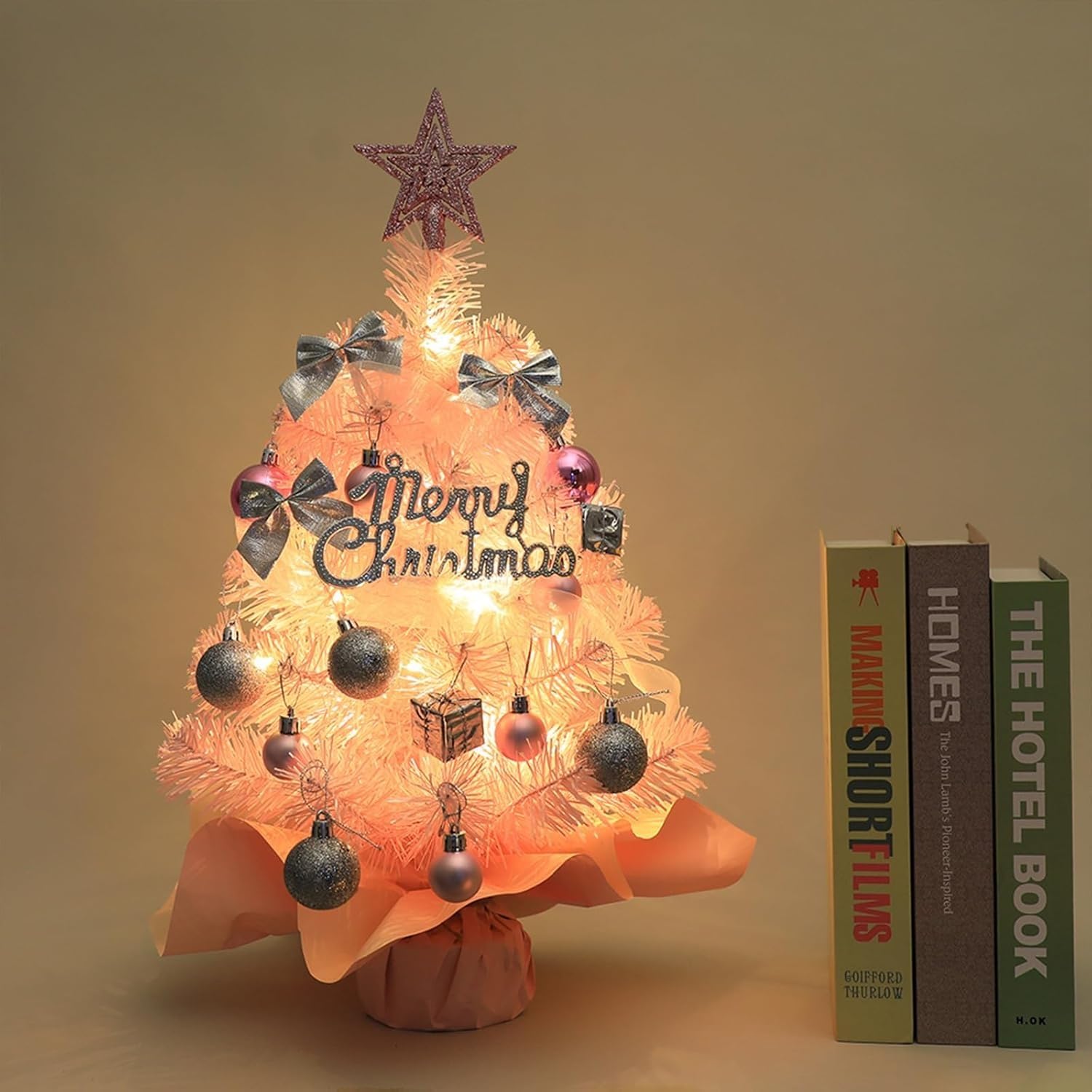 Petit Sapin de Noël Table 45 cm avec lumières et Boules décoratives for la Maison, Les fêtes Petits espaces(Roze)