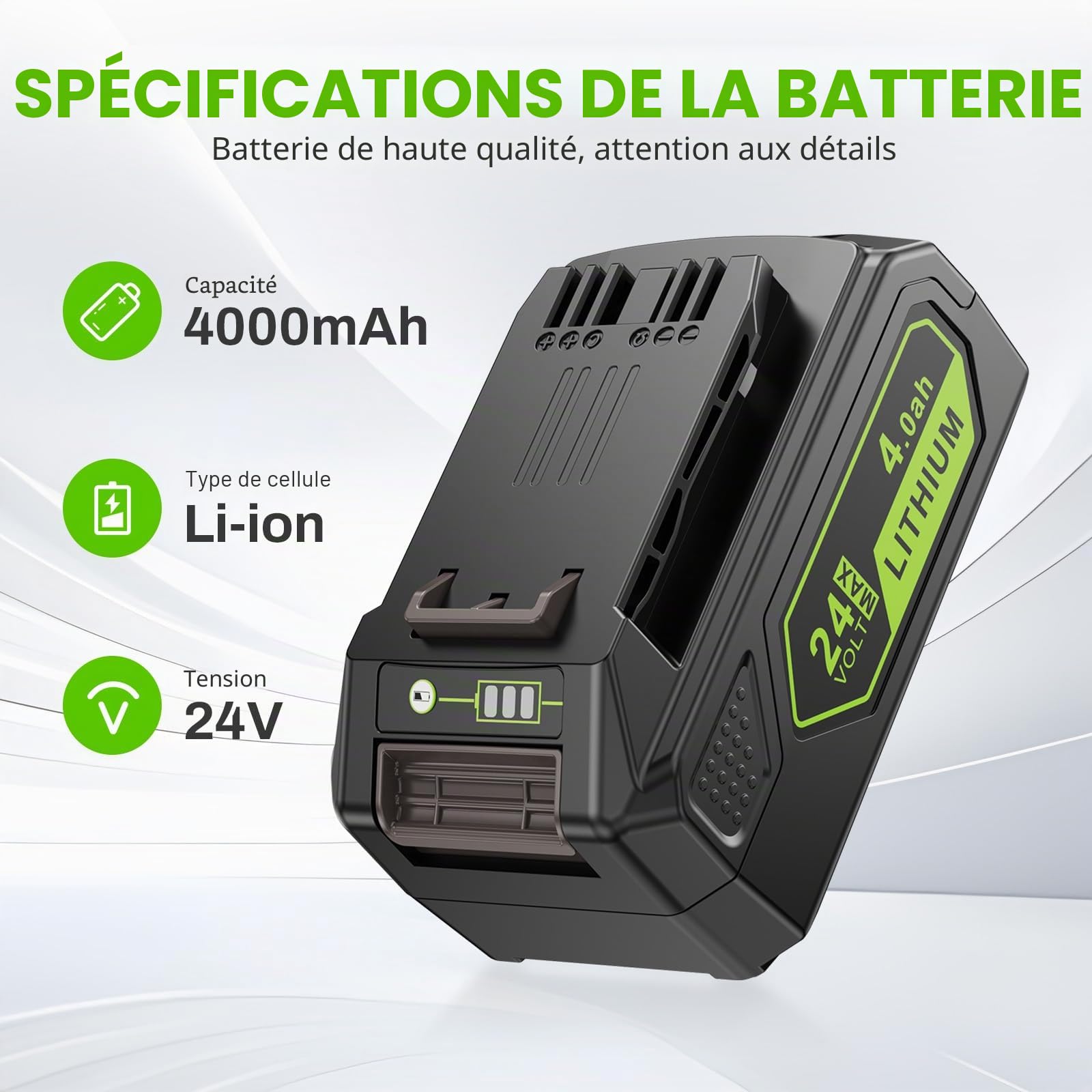ASUNCELL Batterie de rechange 4 Ah 24 V pour Greenworks, batterie Li-Ion compatible avec Greenworks 24 V 29842 29852 BAG708 BAG711 20352 22232 2508302