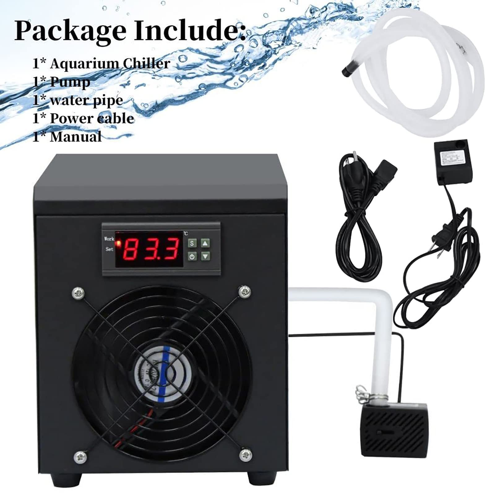Refroidisseur et chauffe-eau pour aquarium avec pompe, plage de température de 50 à 104 °F, convient aux aquariums domestiques, crevettes, coraux, méduses, 16 gallons d'eau, débit de 200 à 300 L/H