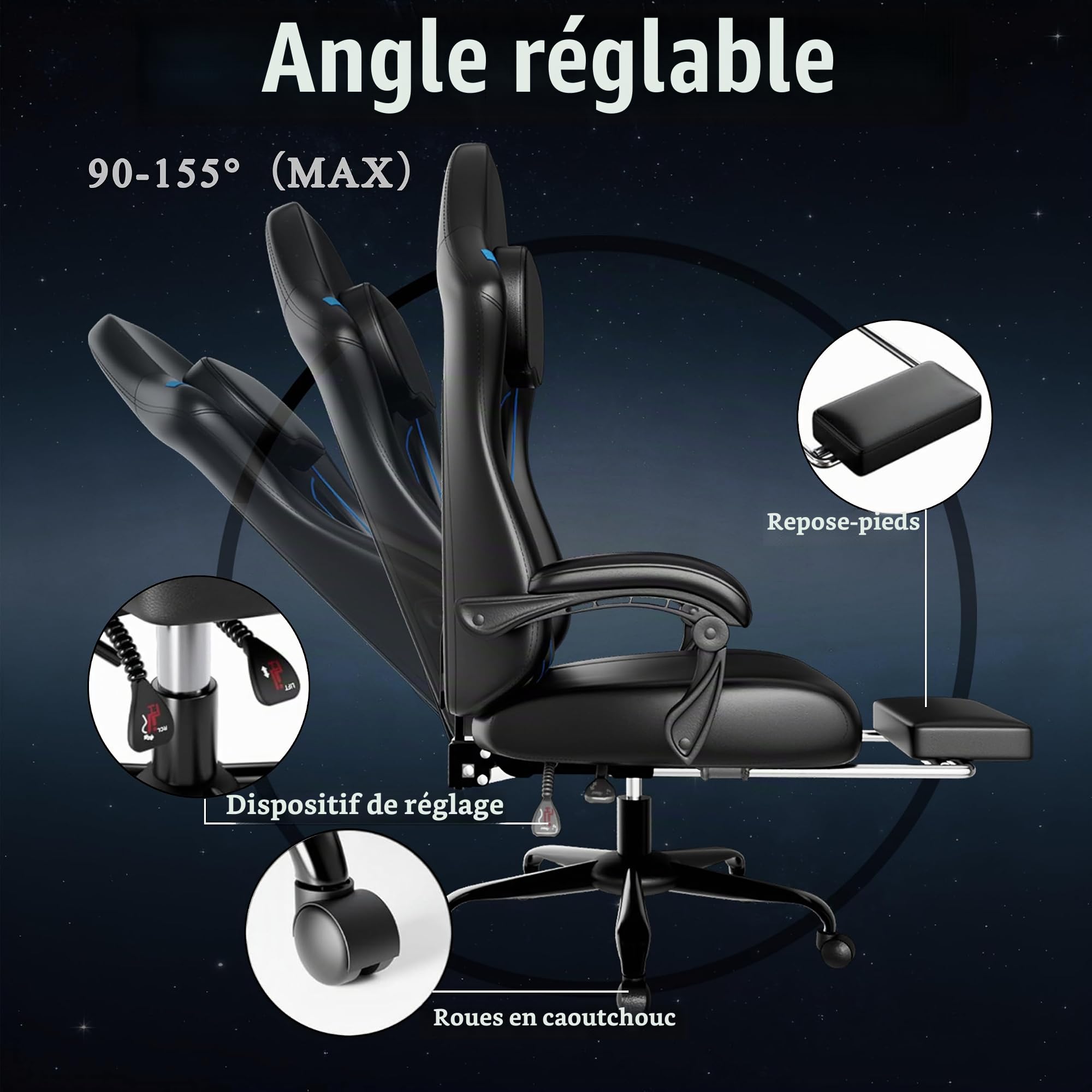 Chaise Gaming pour Adulte, Chaise de Bureau Ergonomique avec Dossier réglable, Fauteuil Gaming avec Appui-tête et Soutien Lombaire, Siege Gaming Rotatif avec Accoudoir (Bleu)