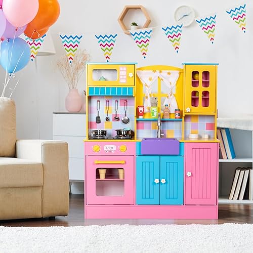 Miniatura 8 de Juego de cocina para niños, cocina de madera para niños con grifo, fregadero, estufa, horno, cortinas, utensilios de cocina, armarios de