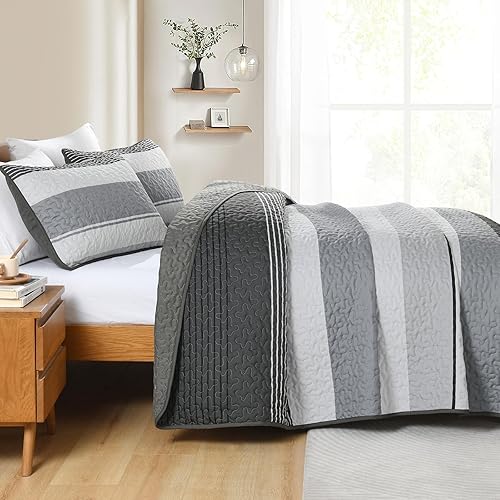 Miniatura 7 de Dinjoy Juego de edredón bohemio negro y blanco, tamaño Queen, colcha a rayas gris oscuro, juego de ropa de cama de 3 piezas para hombre, juego de