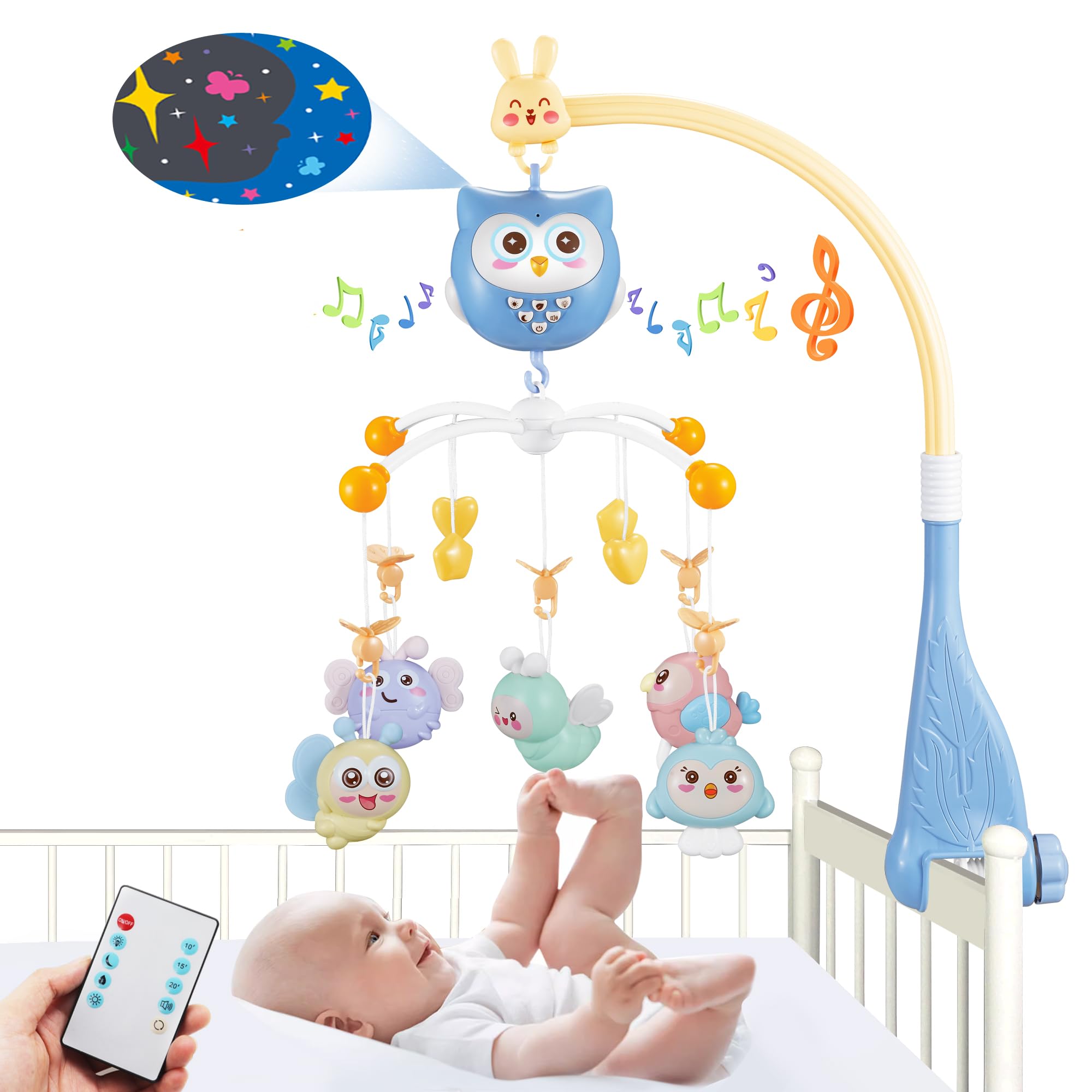 Baby Crib Mobile with Music and Lights for Girls Musical Mobiles for Crib Boy Hanging Toys Bassinet Mobile for Pack n Play Portable Baby Mobile - Blue