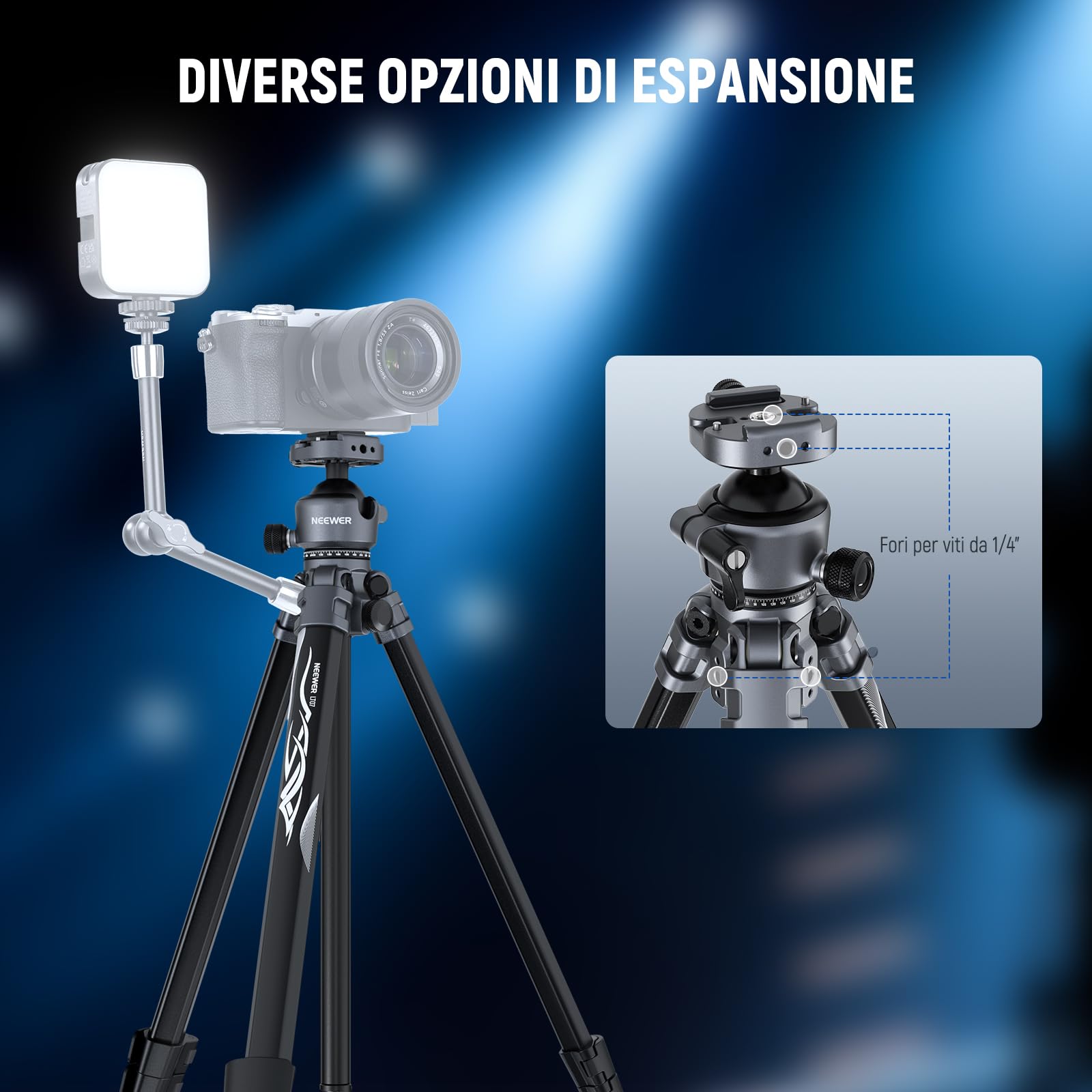 NEEWER LITETRIP LT07 61" Treppiede da Viaggio in Alluminio per Fotocamera con Testa Sfera a Basso Profilo, Piastra QR Arca Compatibile con Peak Design Tripod Plate V3, Doppio Asse Centrale, Max 10kg
