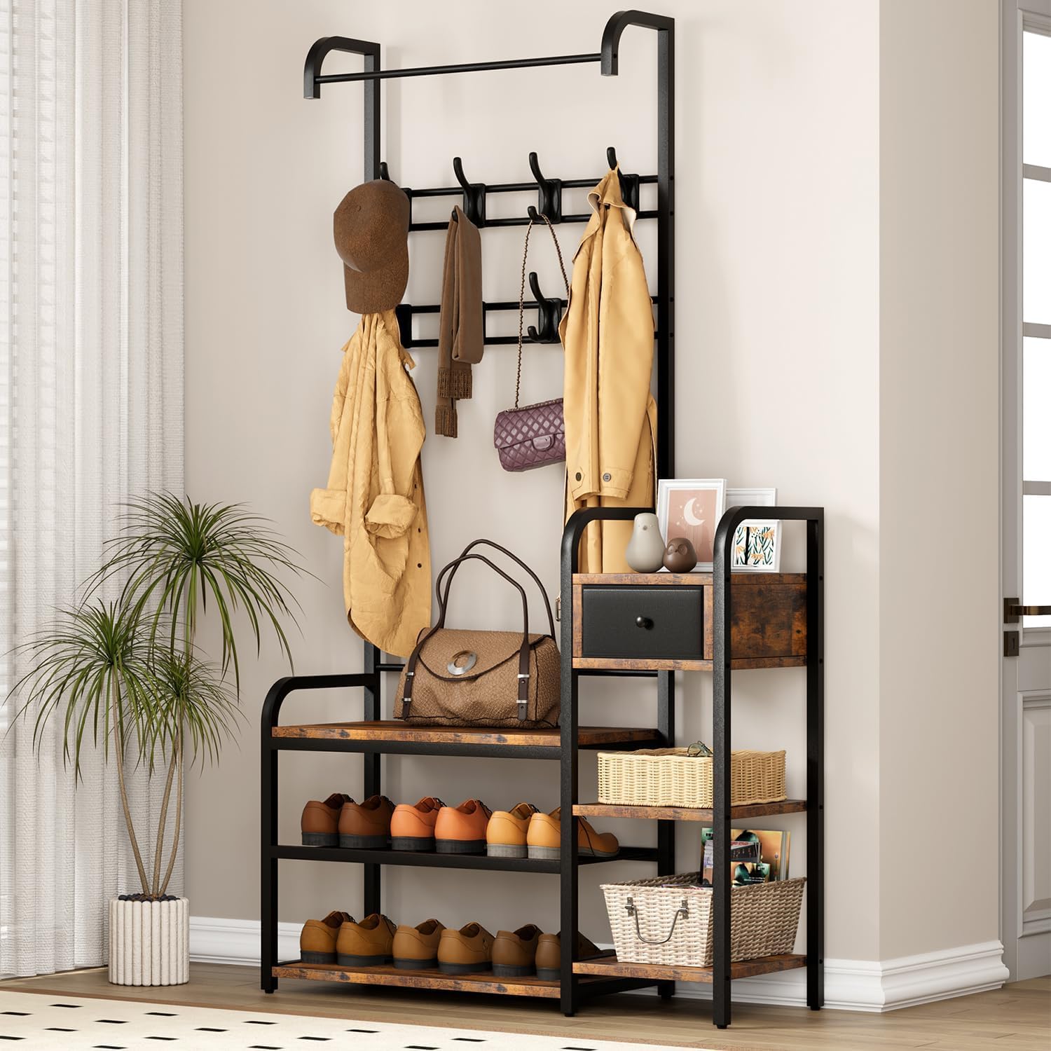 Garvee Banco zapatero 5 en 1 para recibidor, con 8 ganchos resistentes, estilo industrial con cajón, perchero para apartamento y dormitorio, color marrón