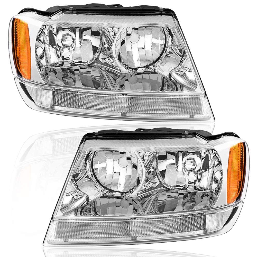 Bingbingmotor BRYGHT Headlight Assembly Fit for 1999-2004 Jeep Grand Cherokee Passenger and Driver Side Halogen Replacement OE Headlamp Chrome Housing with Amber Reflector