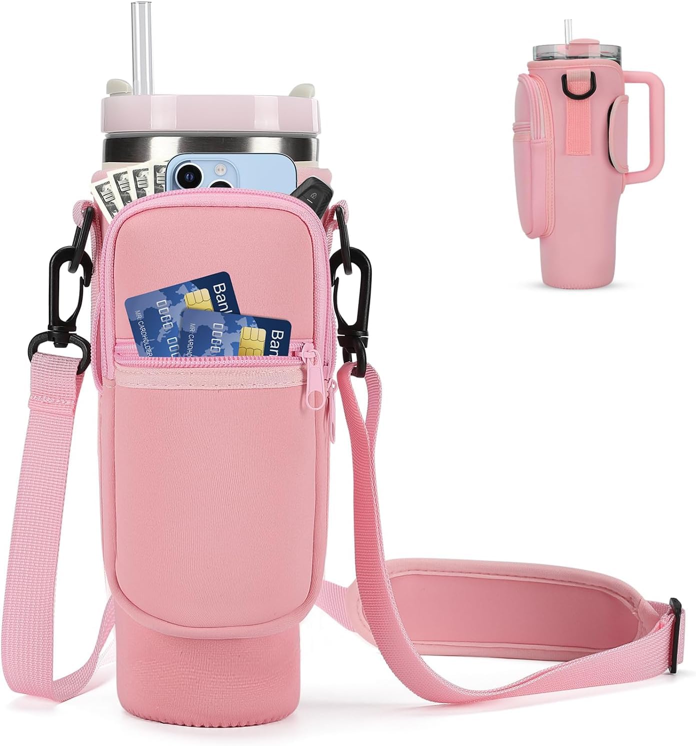 Water Bottle Carrier Bag for Stanley 40 oz with Phone Pocket Water Bottle Holder with Handle,Cell Phone Pocket and Adjustable Shoulder Strap Tumbler Accessories for Stanley (Pink)