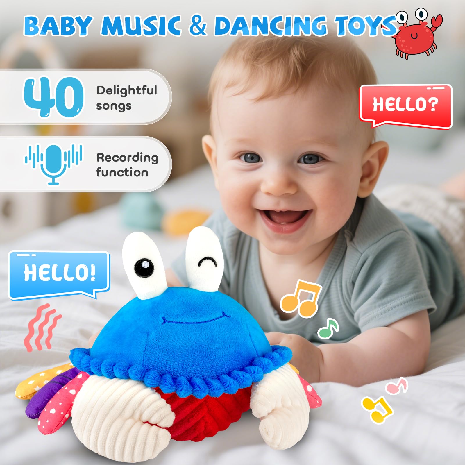 Baby Toys 12-18 Months, Musical Crawling Crab Plush Toy - 40 Songs & Recording Feature, Dancing Walking Moving Bouncing Tummy Time Toy, Sensory Toys for Toddlers 1-3, Birthday Gifts for Infants