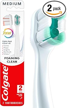 Colgate Total Active Prevention Foaming Clean Medium Toothbrushes, Medium Bristle Toothbrush Pack for Plaque Removal, Helps Reach Deeper Along the Gumline and Between Teeth, White, 2 Pack