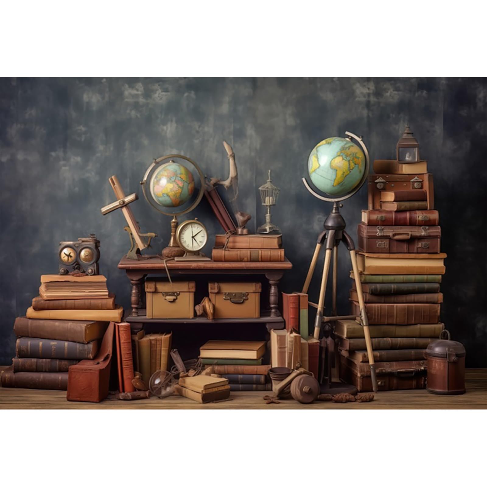 YongFoto 4,5x3m Fotografie-Hintergrund Schule Retro Bücher Globus Klassenzimmereinrichtung Vintage Hintergrund für Kinder Neugeborene Babyparty Einschreibung Back to School Party Foto Requisiten