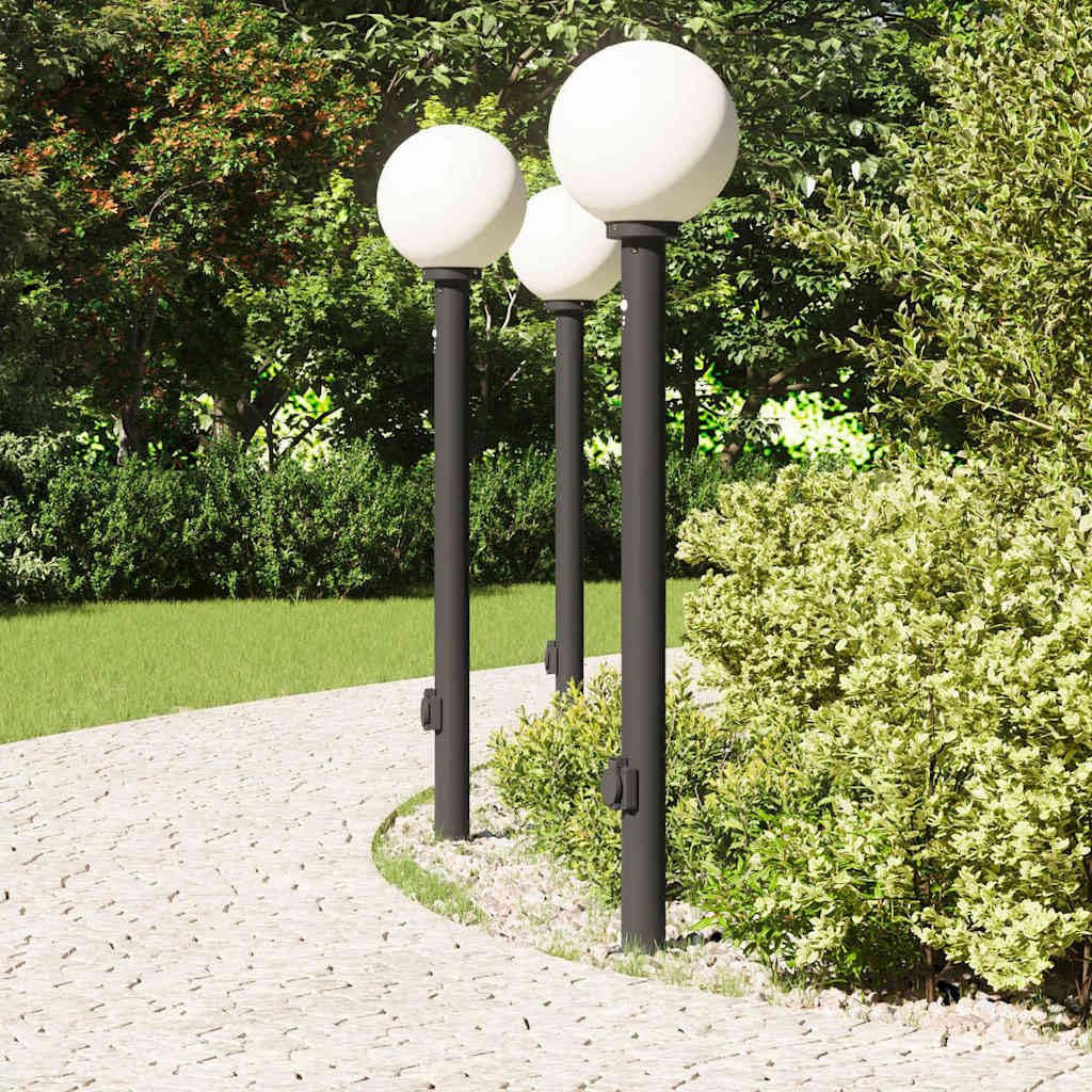 Zestaw 3 słupków z gniazdkiem, 120 cm, kolor czarny, IP44, lampa stojąca z czujnikiem ruchu PIR i wbudowanym gniazdem ze stali nierdzewnej, do ogrodu, na taras i wjazd