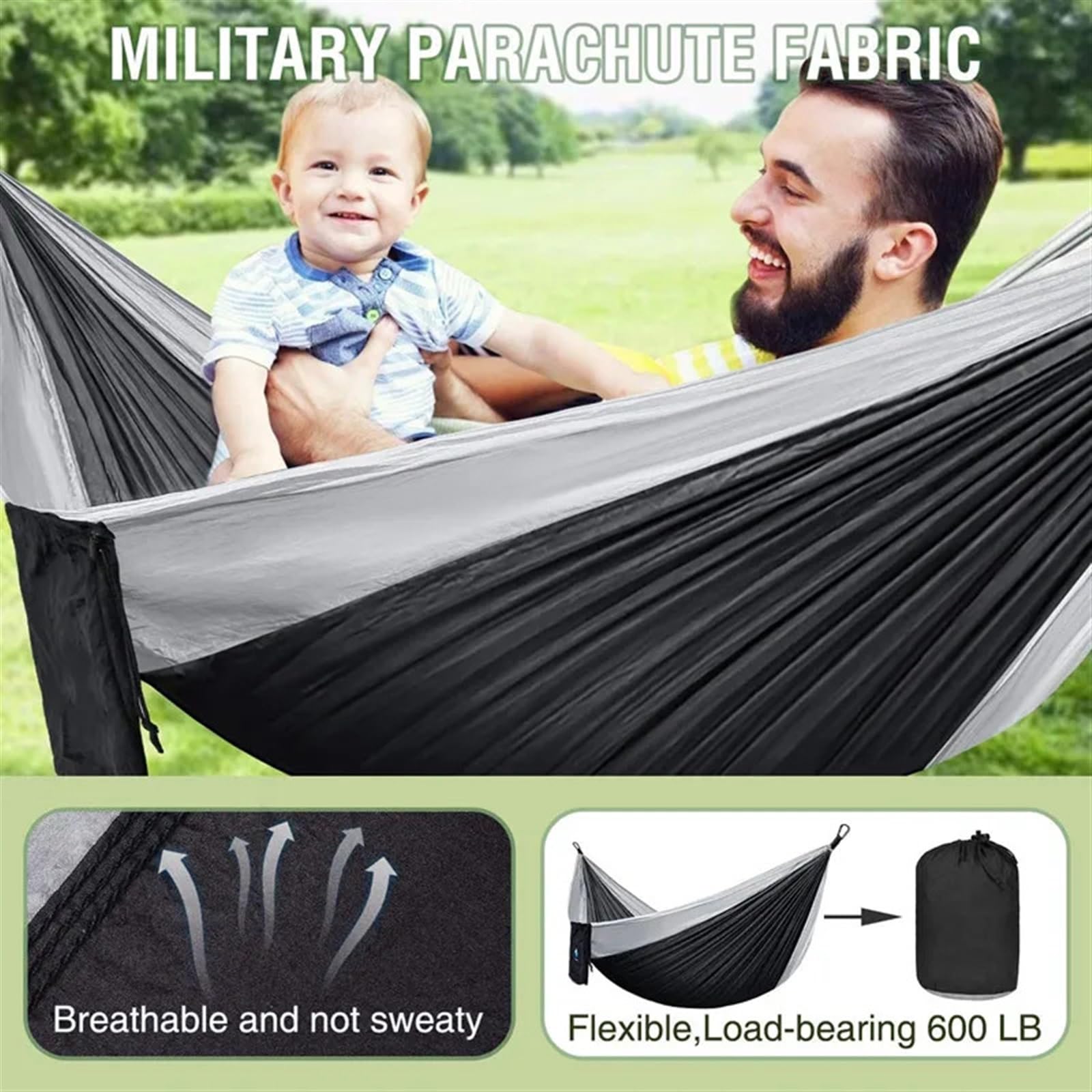 Amaca portatile 270 x 140 cm – Tessuto paracadute in nylon, misura singola e doppia, leggera, attrezzatura da campeggio ed escursionismo, perfetta per rilassarsi in giardino (blu)