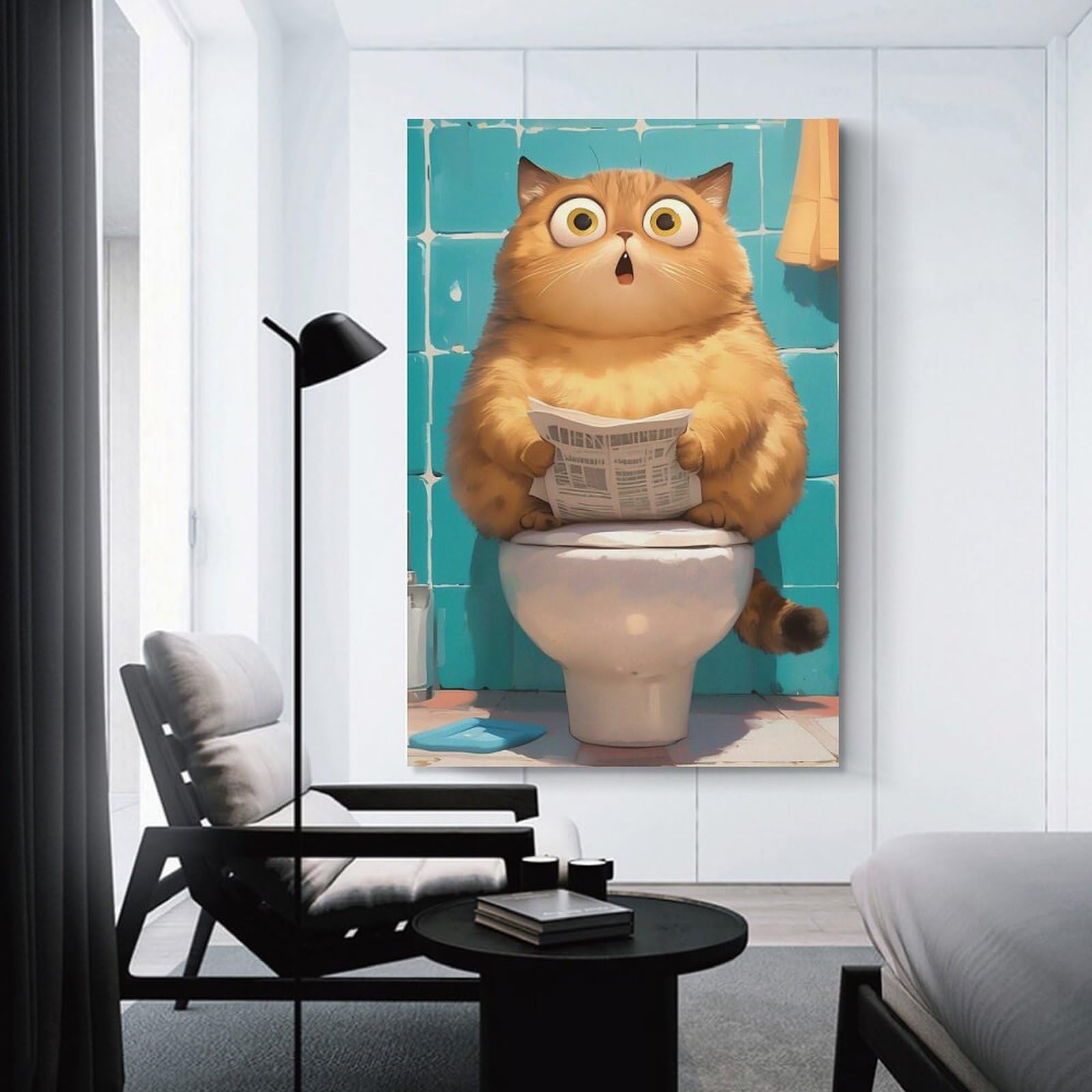 Junmoney Decorative Canvas Print Toilet Cat Funny, 24x36inch(60x90cm), for New Homes, Bedrooms Or Workspaces, Thoughtful Wall Decor for Art Lovers