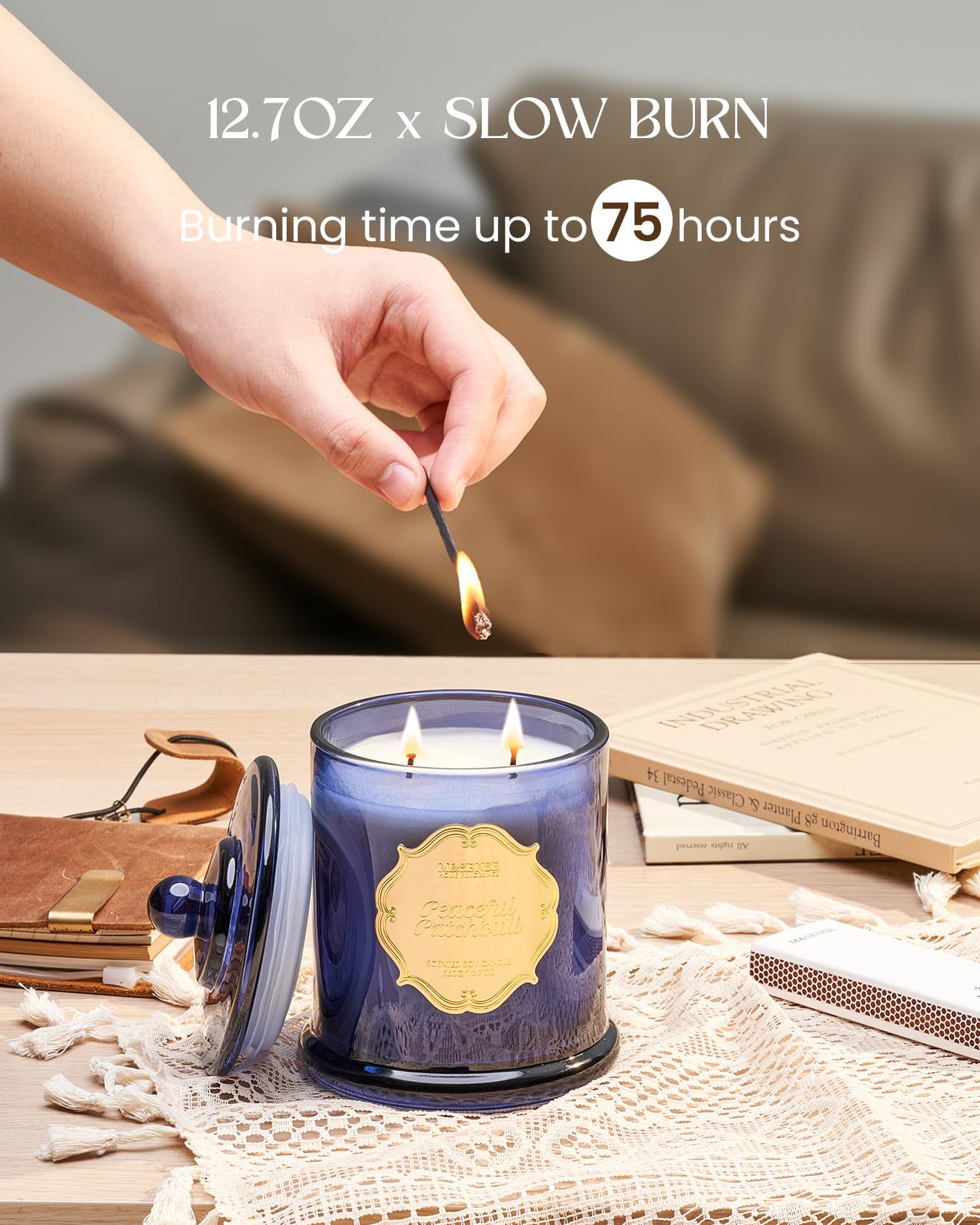 M&SENSE Candela al Patchouli per la Casa Profumata di Soia Organica Non Tossica Senza Fuliggine - Aromaterapica Rilassante per il Bagno e la Meditazione - 360g 75 Ore | Candela di soia biologica per alleviare lo stress, rilassamento, meditazione, regalo d