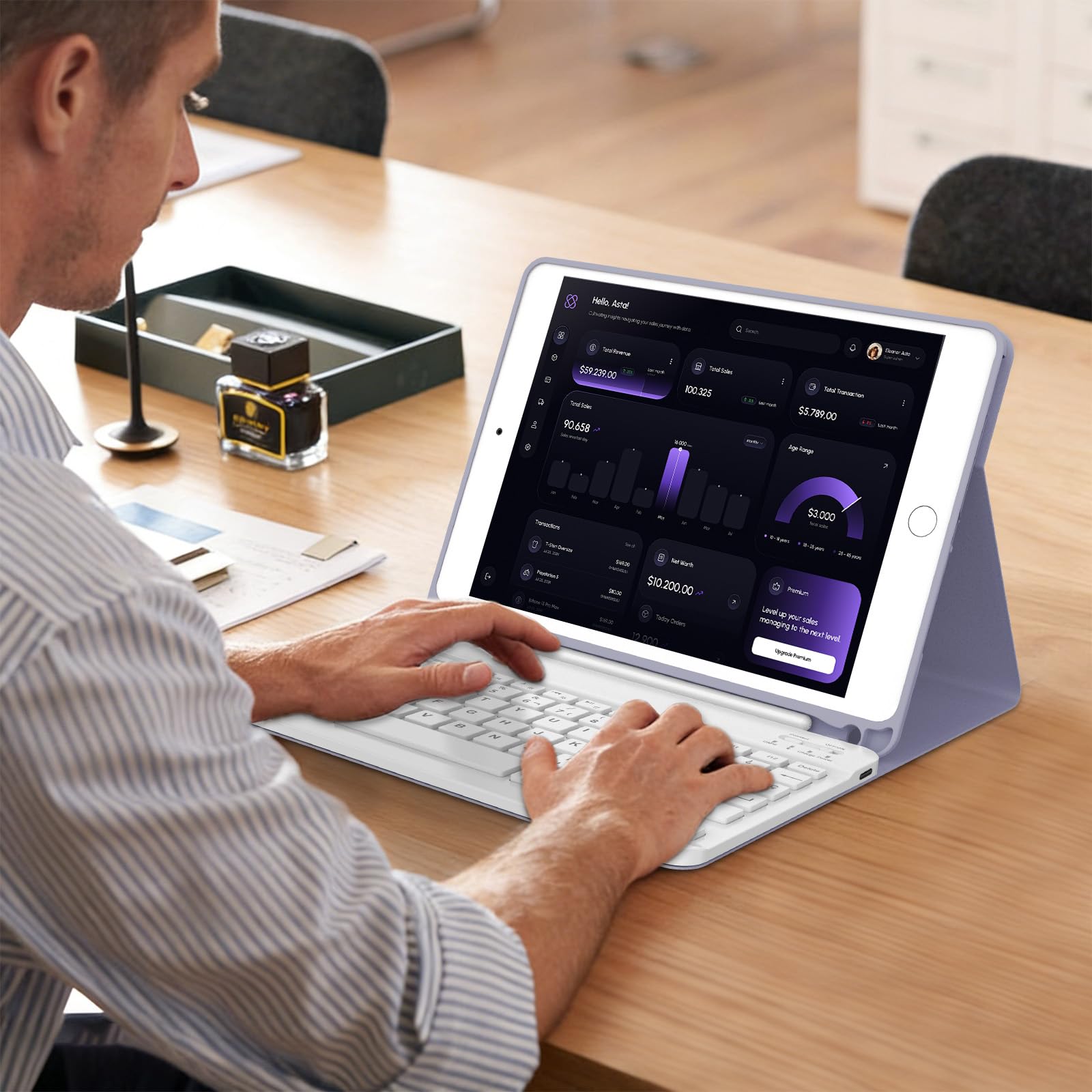 IVEOPPE Teclado iPad 6 Generación 9.7" 2018, Funda Teclado Español Ñ Bluetooth Magnética Wireless para iPad 6a/5a/Pro 9.7/Air 2/Air 1, Púrpura Lavanda