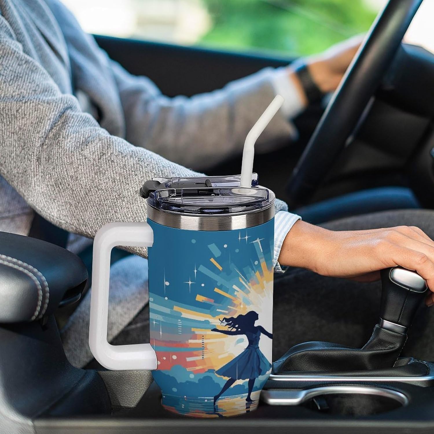 40 Oz Insulated Mug with Handle, Stainless Steel Dancing on Water Printed Travel Mug Portable Leak-proof Large Car Mug for Home, Office Or Car
