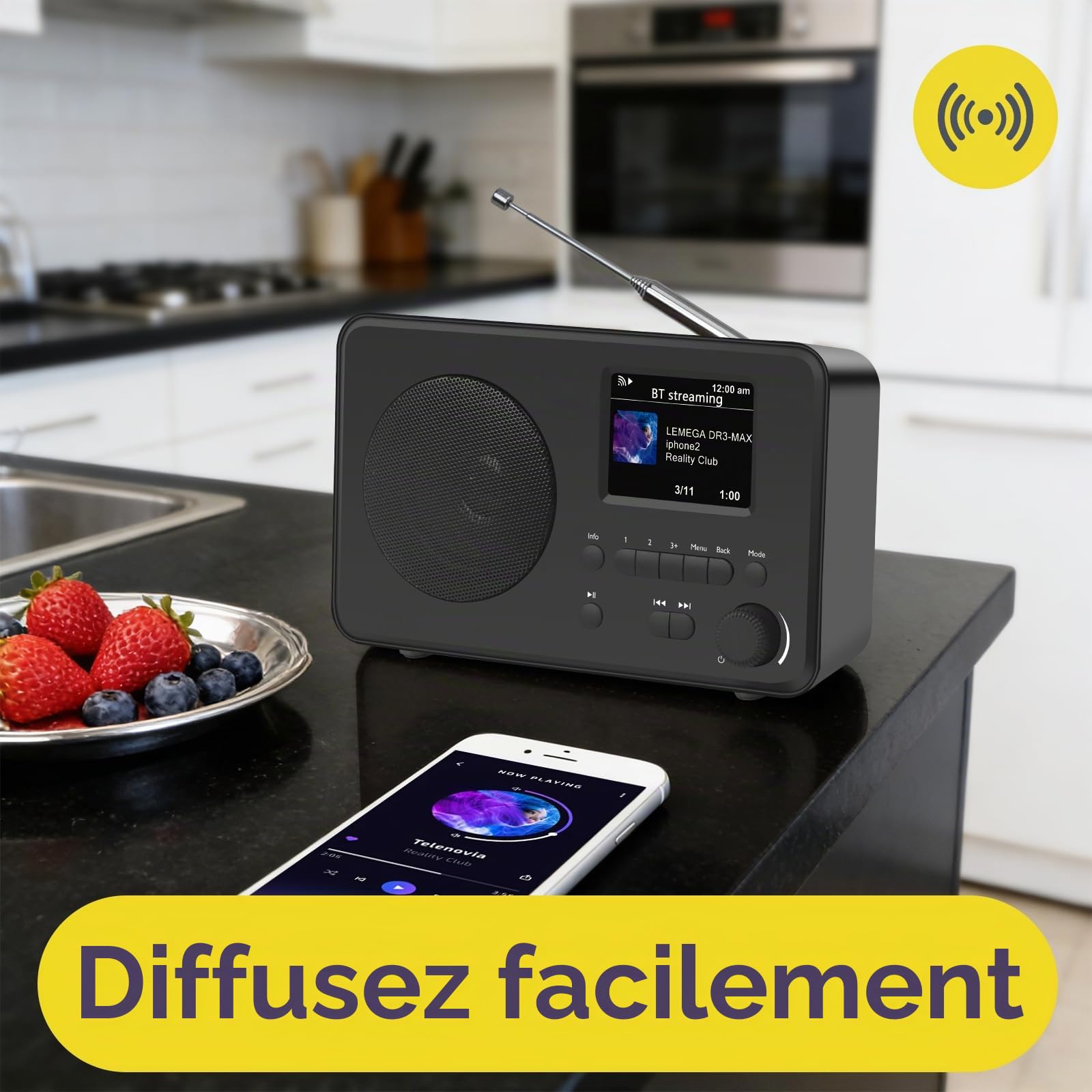 LEMEGA DR3-Max Radio Dab+/Dab/FM, Bluetooth, Écran Couleur 2.4po, Noir | 80 présélections, modes EQ, prise casque, batterie ou secteur, portable jusqu'à 10h, design moderne et compact