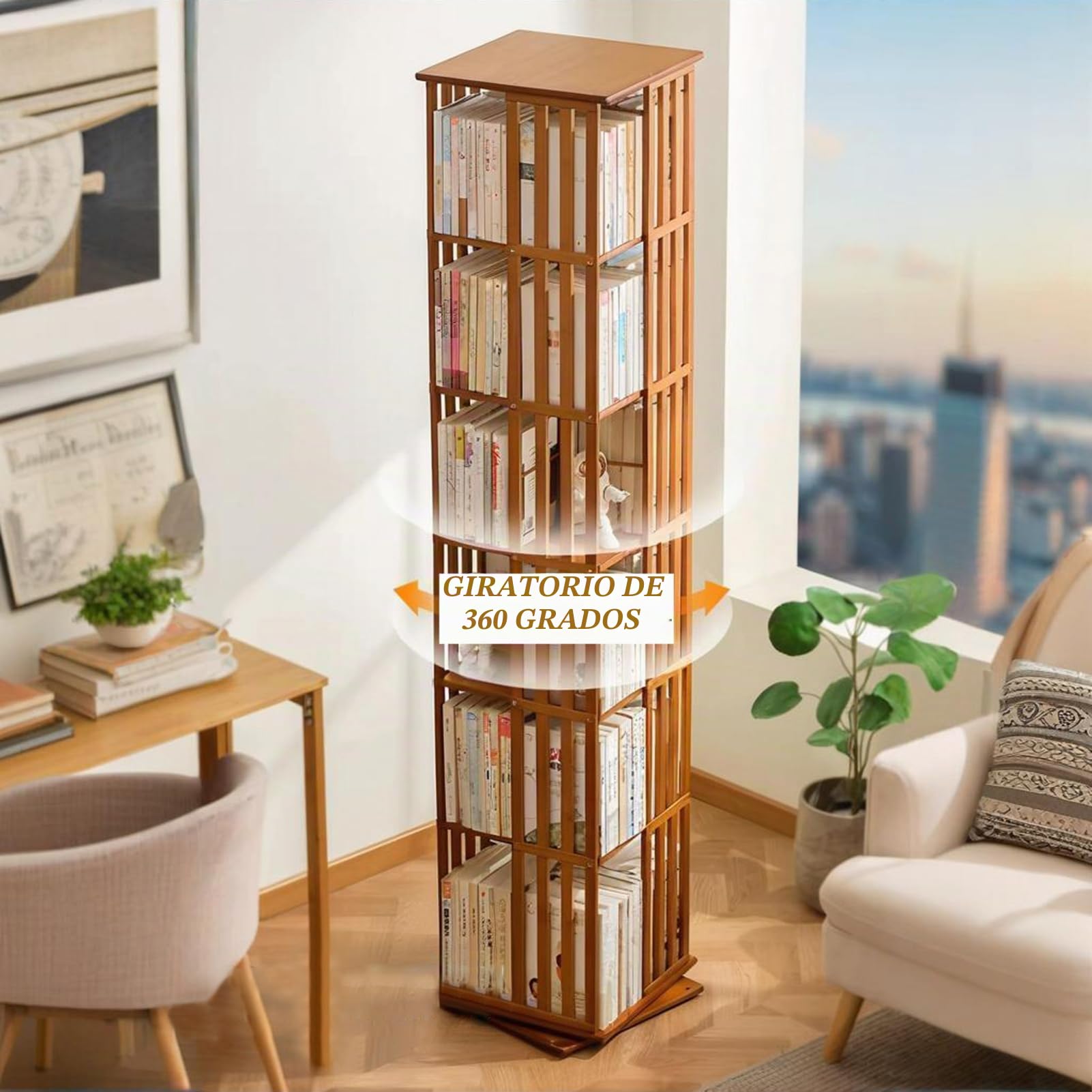 Estantería de Bambú Giratoria 360° – Librero Rotatorio de Esquina de 3/4/5 Niveles, Ahorra Espacio y Autoportante – para Salón, Habitación Infantil y Oficina (6 estantes)