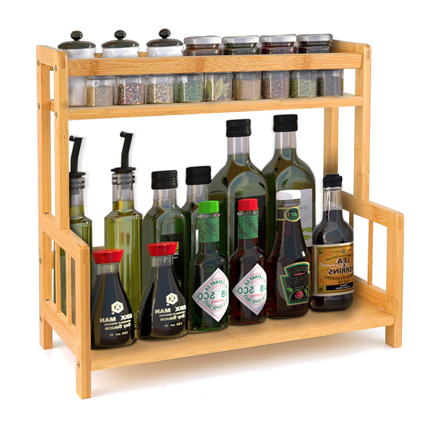 DOPGL 2 Tier Bamboo Spice Rack Organizer Kitchen Countertop Storage Shelf Free Standing Holder Under Cabinet Bathroom for Various Bottles, Jars, Space Saving