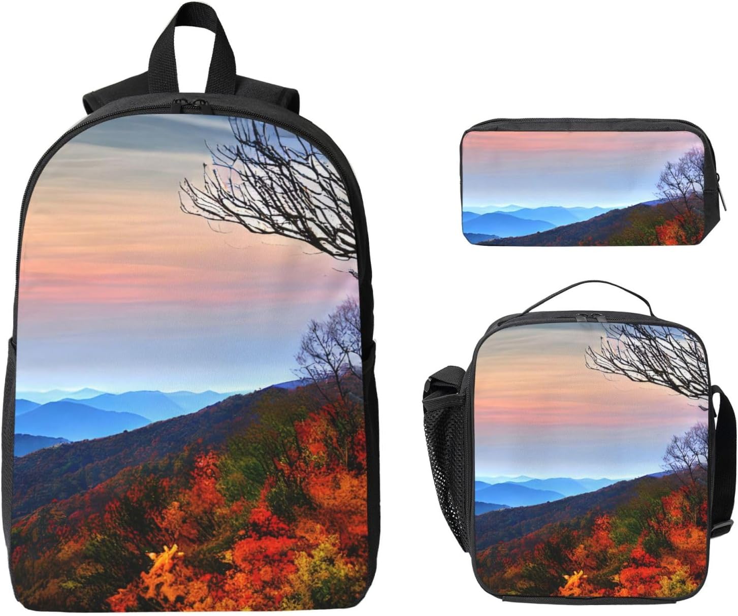 Blue Ridge Mountains print 3 Piece Backpack Bags with Lunch Box Pencil Case Set for Travel Work Camping Unisex