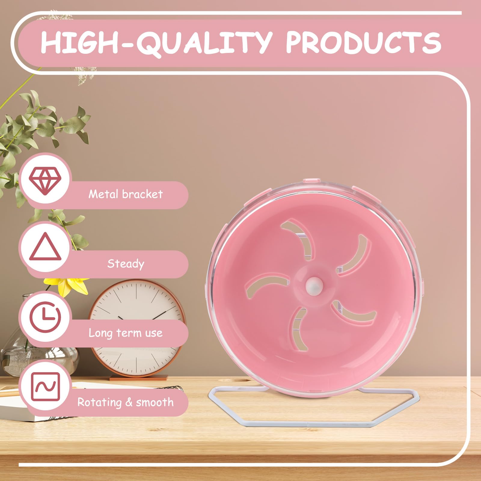 Pink 8.4" Silent Hamster Wheel with Height-Adjustable Stand, Quiet Spinning Hamster Exercise Wheels, Small Animal Chinchilla Running Toys Cage Accessories for Gerbils Mice Rats (Pink) - image 3