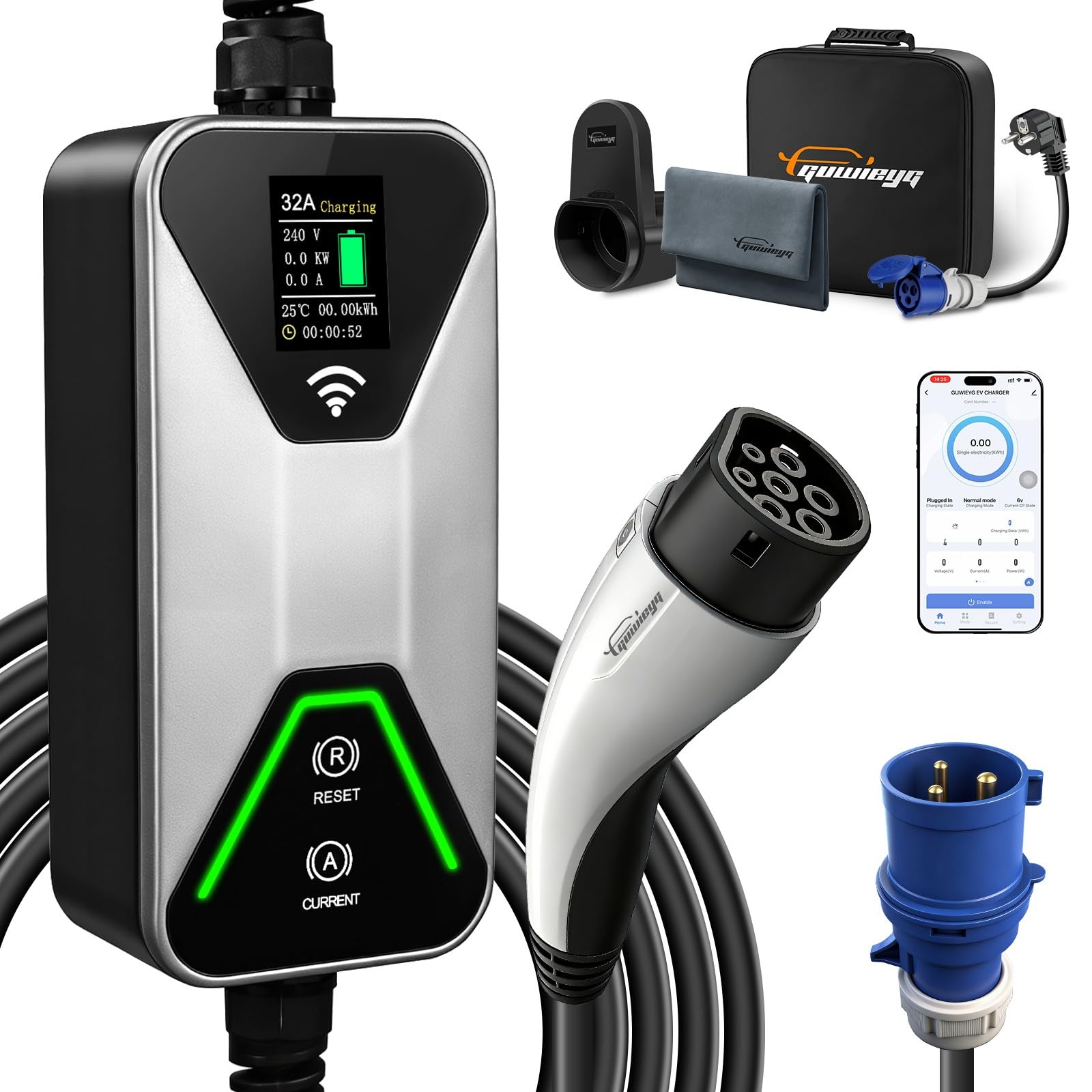 Câble De Charge Type 2 CEE 22KW 32A Triphasé 5m - Pour Voitures électriques Et Hybrides Rechargeables, Avec Affichage Digital Et Courant Réglable