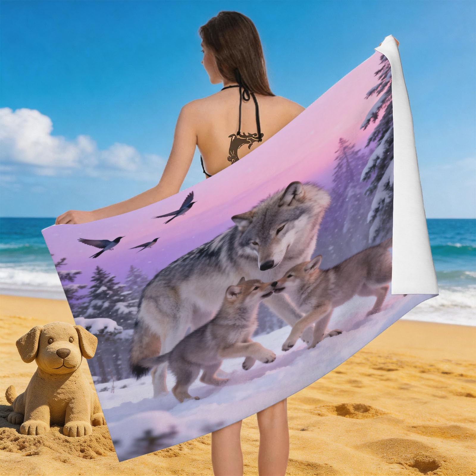 Leichong 3D Cartoon Wolf Beach Towel Large Microfiber Soft Quick Dry for Adults, Cute Animals Bath Towel Lightweight Soft Absorbent for Travel Swimming Pool Sports, 80 x 160 cm