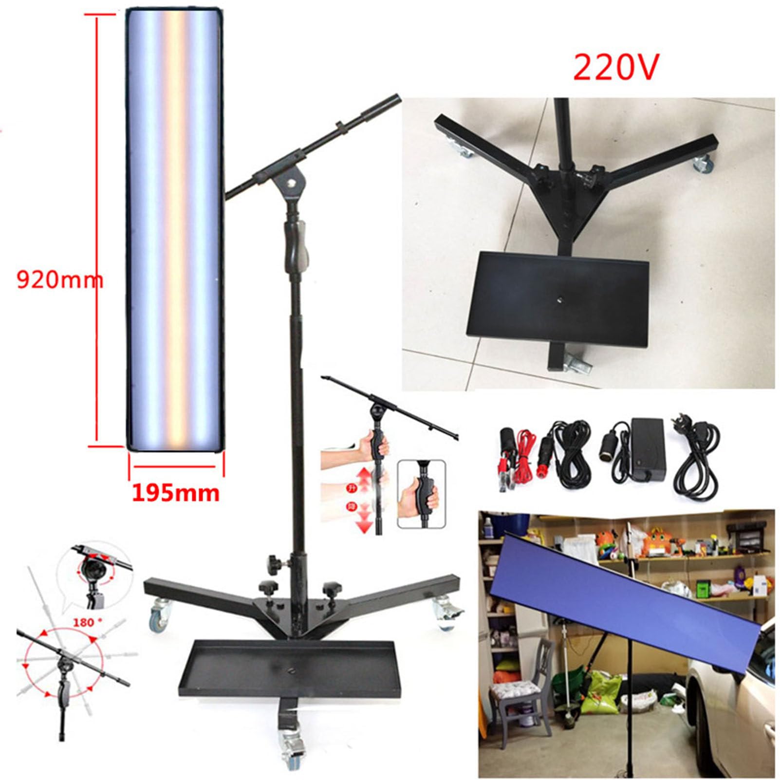 Lampada per carrozzeria PDR Tools Lampada per rimozione ammaccature a LED con durata di servizio di 50000 ore Luce a 12 V CC con altezza regolabile e staffa angolare - 3 pulegge ruotano liberamente