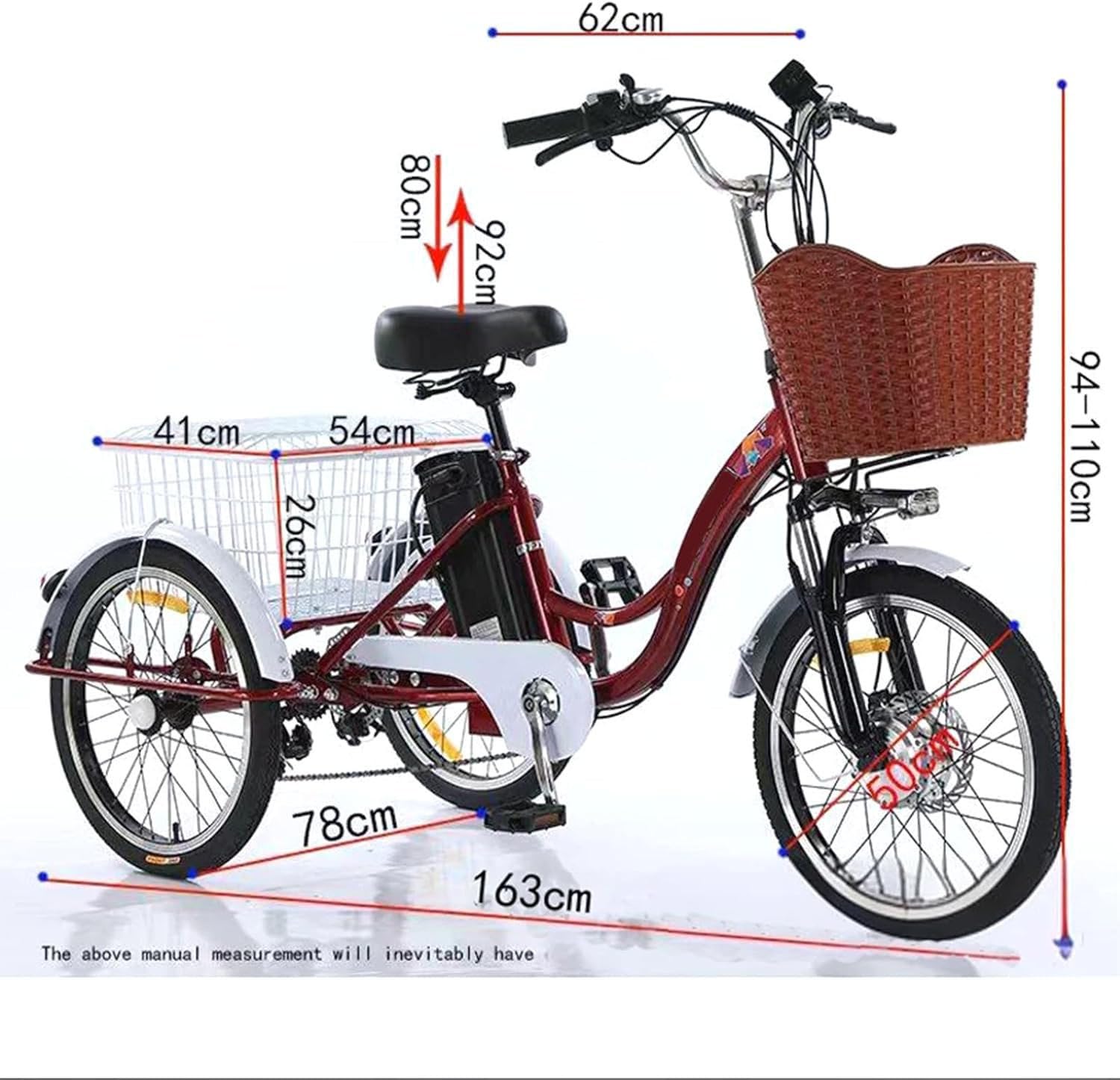Elektryczny rower trójkołowy dla dorosłych, 20-calowe opony fatbike, 7 prędkości, 3 tryby jazdy, nośność 181 kg, rama wykonana ze stali o wysokiej wytrzymałości, wyświetlacz LCD, reflektor, wygodna