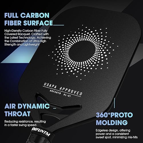 Miniatura 3 de HMFUNTM Power Air - Paletas de pickleball con moldeado 360 Proto, superficie completa de fibra de carbono, núcleo de polipropileno de 0.5 pulgadas,