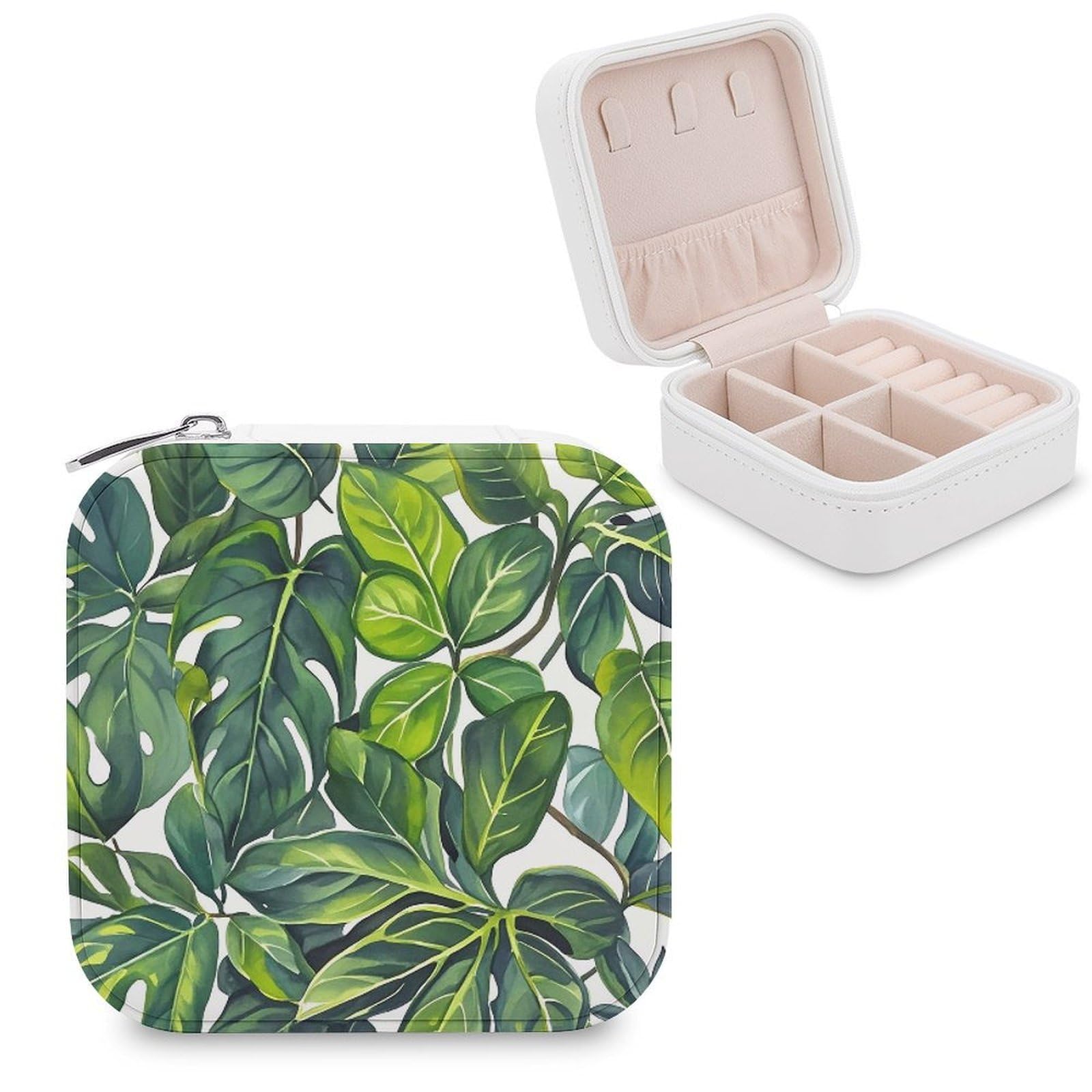 LZQPOEAS Green Leaves of Plants Jewelry Box Mini Jewelry Travel Case Trendy Stuff Ring Box Custom PU Leather Jewelry Boxes Portable Jewelry Case Earring Storage Organizer for Girls Women