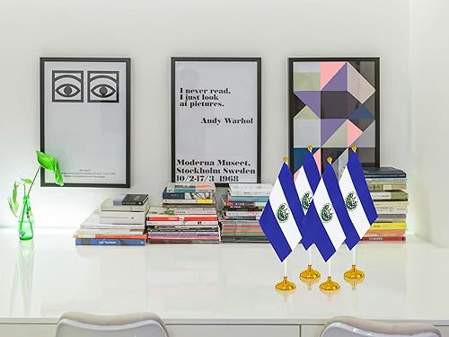Miniatura 5 de WXTWK Paquete de 12 banderas de escritorio con la bandera de Salvador, pequeñas banderas de mesa de El Salvador con base de soporte, decoración de