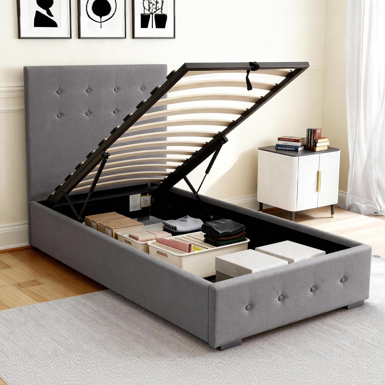 Comfy Living 3ft Ottoman Bed Frame, Linen Fabric Upholstered Gas Lift Up Single Bed Frame with Headboard, Sprung Slats Base, Easy Assembly, Grey (No Mattress, 3ft Single) — image 1