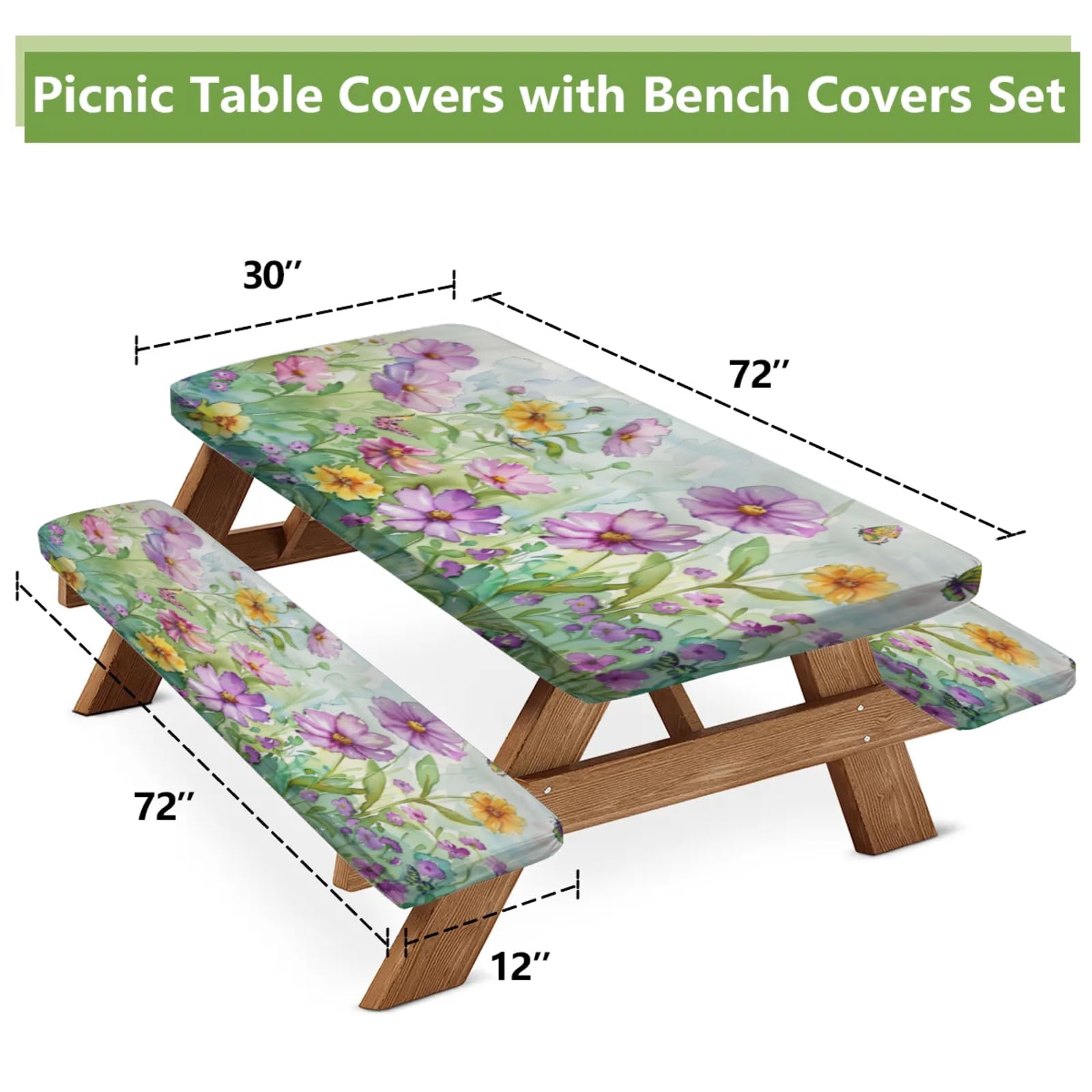 Tablerazzi Watercolor Floral Plant Picnic Table Cover with Bench Covers, Fitted Camping Tablecloth with Elastic Edges, Outdoor Waterproof Rectangle Table Cloth, 72x30 Inch 3 Pcs Set