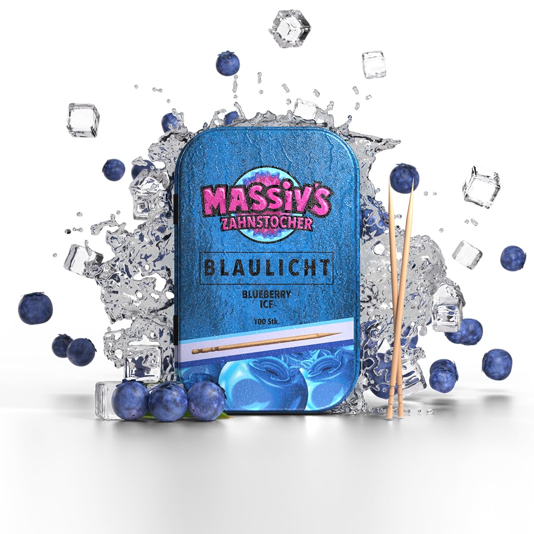 Massiv’s BLAULICHT Flavoured Toothpicks – Blueberry Ice – 100 Pieces in Metal Tin – Fresh Breath Oral Care – Sugar Free Vegan Birch Wood Toothpicks – Gum Alternative