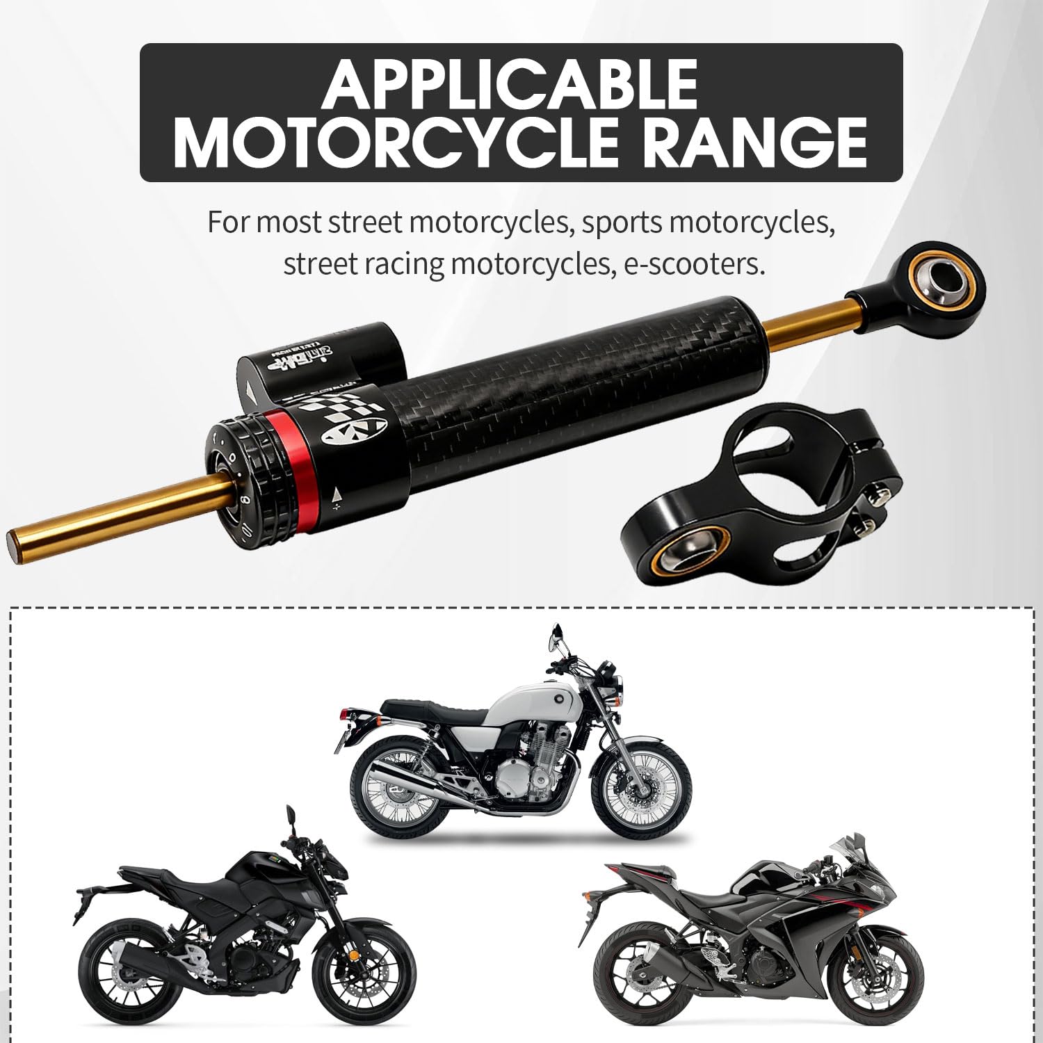 10" Amortisseur Direction Moto,Stabilisateur Direction-Fibre de Carbone | Amortisseur de Direction CNC Aluminium Moto pour la plupart Motos de Sport Course Sur Route Rue Trottinette