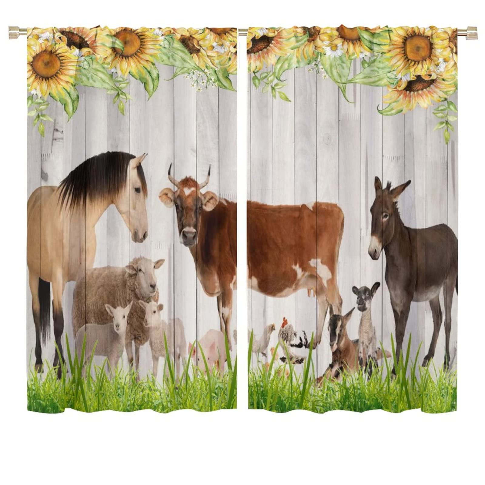 Farm Animal Curtains,Farmhouse Animals Cow Horse Sheep Duck Sunflower Wooden Plank Background Blackout Window Door Curtains for Bedroom Living Room Home Decor W72xL63in