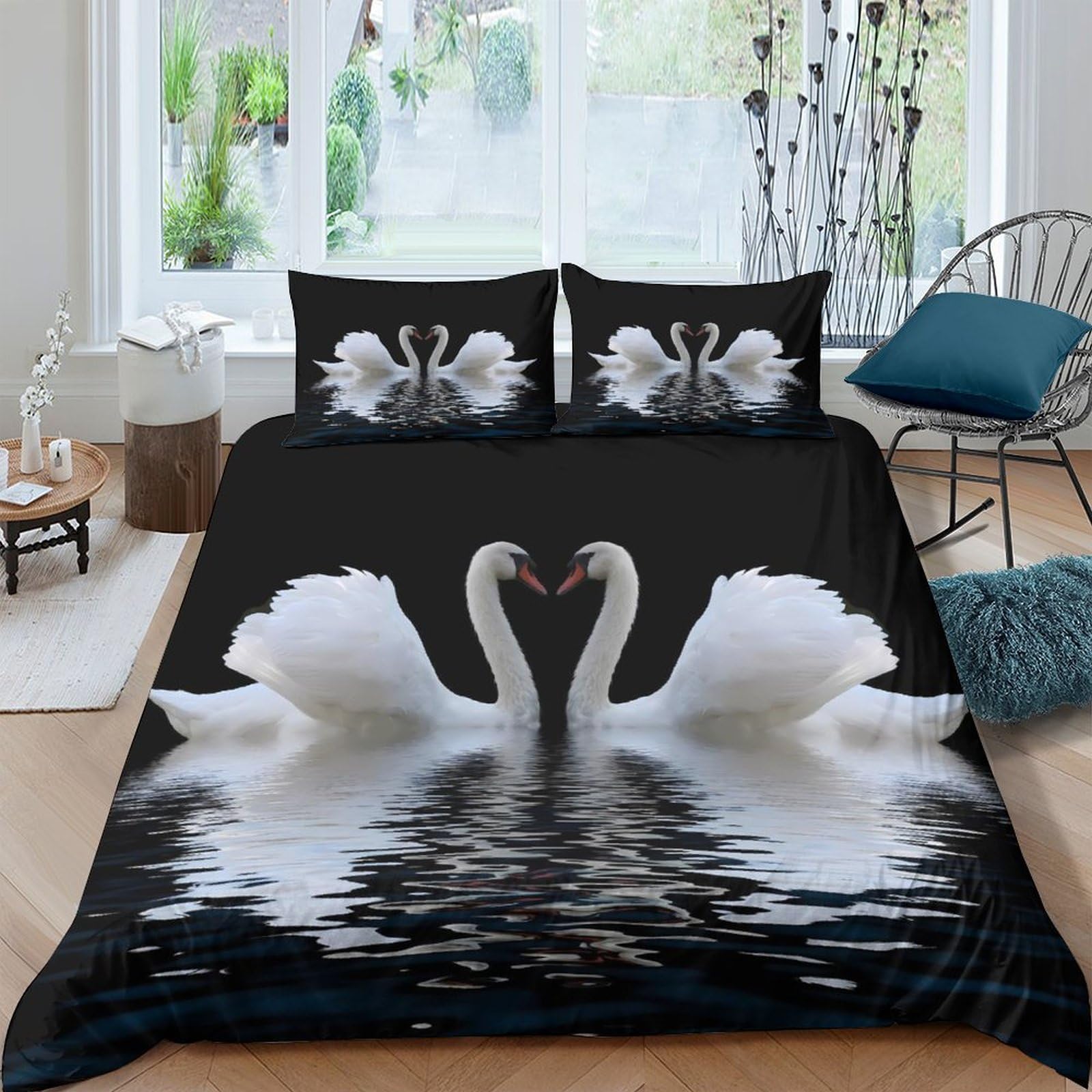 Ctjqhvkz Style-4 3D Printed White Swan Fitted Sheet Microfiber Black Elegant Swan Lake Mattress Cover For Bedroom Guest Room Decor Single（135X200cm）