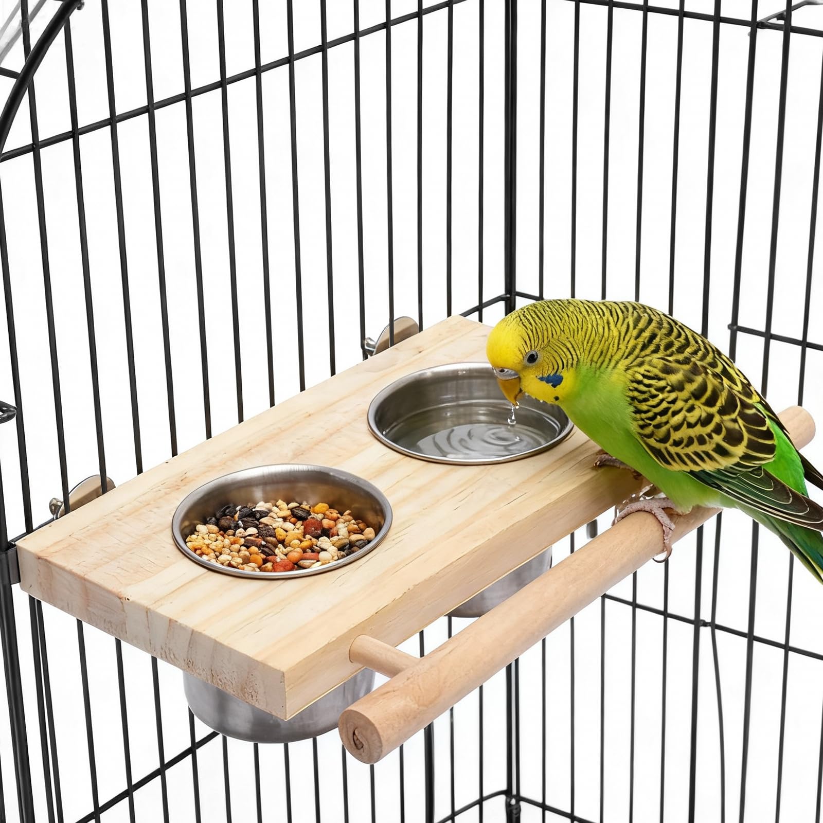 VOSSOT Bol d'alimentation pour Oiseaux Mangeoire Perroquet en Acier Inoxydable, Oiseaux Perches Jouets pour Oiseauxs à Marcher Bois Perchoirs Décoration des Cages à Oiseauxs Perruche et Perroquet