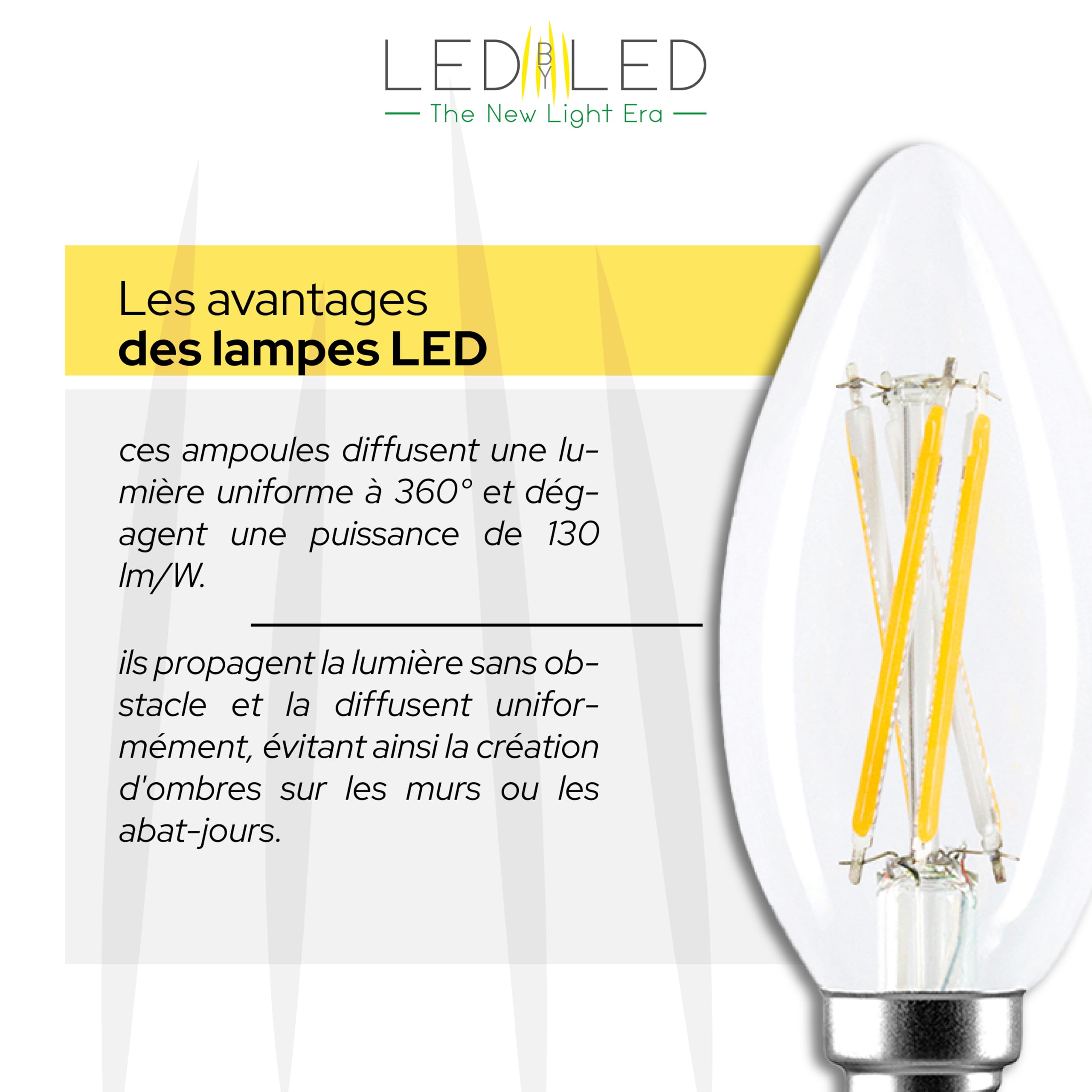 Ampoule Olive 6W Équivalent à 60W, E14, Verre Transparent, 2700K Lumière Chaude, filament LED droit, 780 Lumens, Lot de 10 pièces