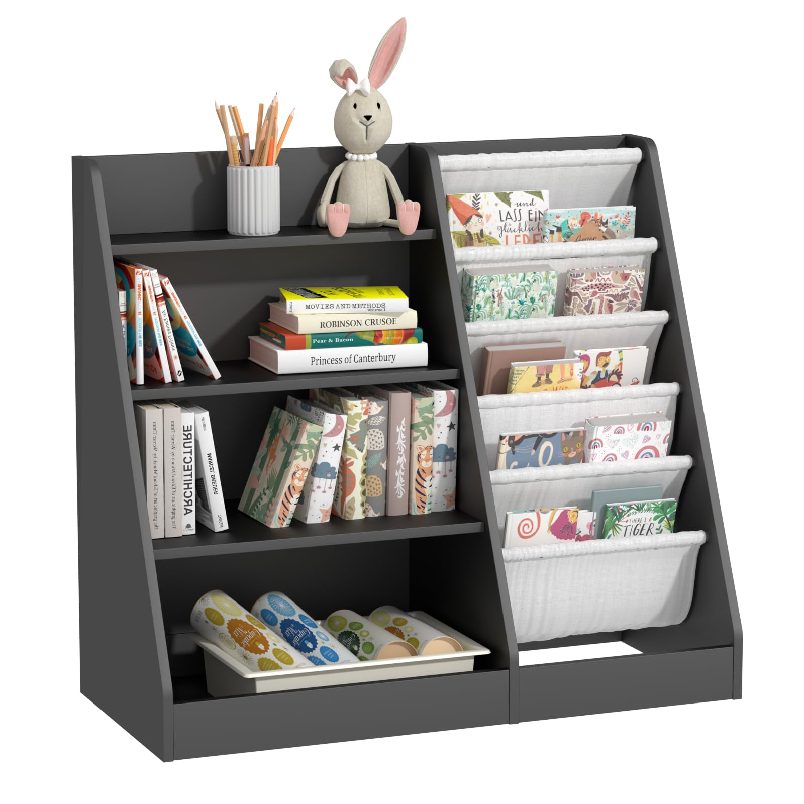 4 Tier Kids Bookshelf Wooden, Five Layer Sling Children Bookcase, Baby Toddler Storage Book Rack, Book and Toy Organizer Cabinet Chest, Book Display Shelf Stand, Playroom Nursery Classroom Library