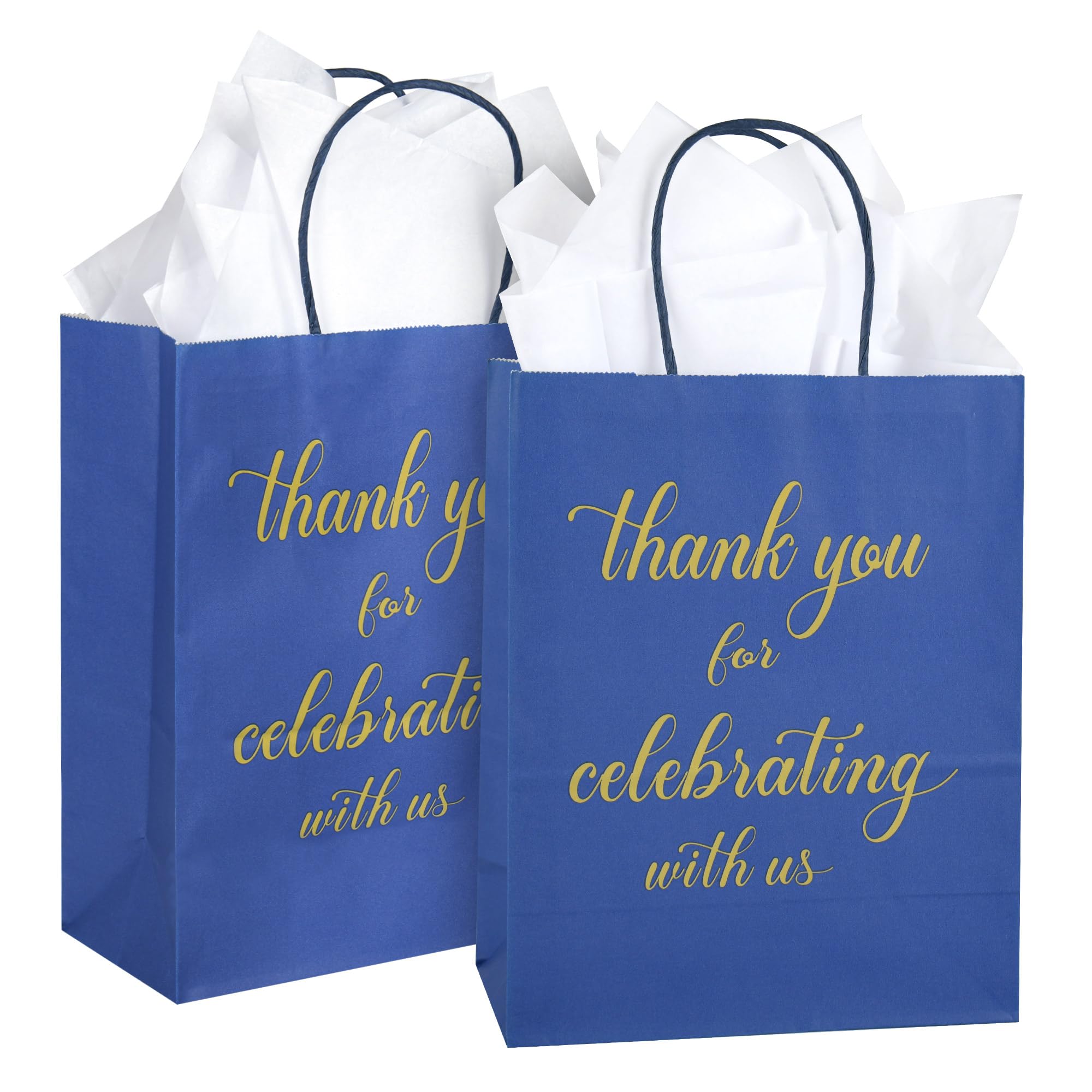 DjinnGlory 50 Pack Medium-Sized Navy Blue Welcome Paper Gift Bags 10x8x4 Inch, Thank You for Celebrating with Us Bags with White Tissue Paper for