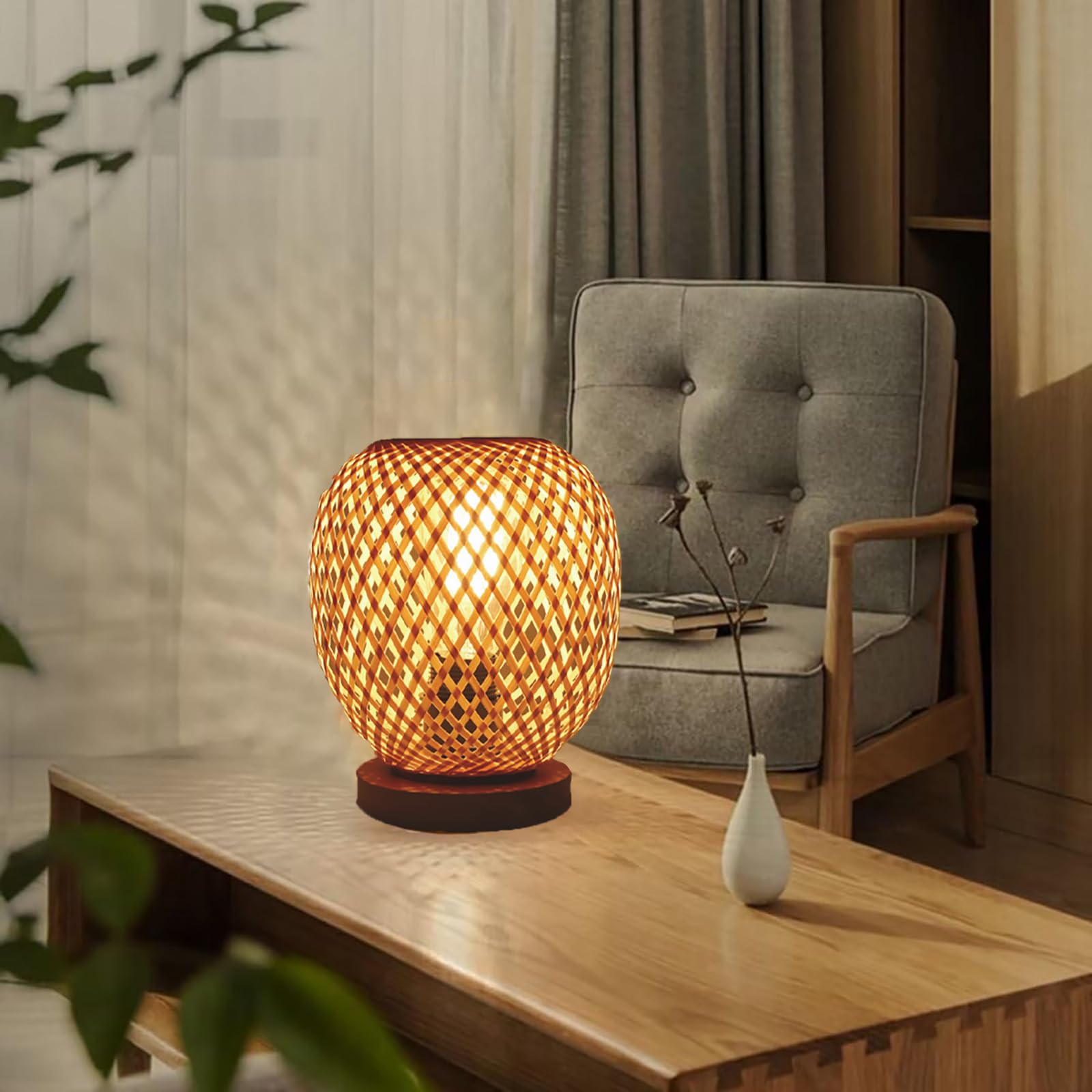KZT 2pcs Tischleuchte aus Bambusgewebe mit Stecker und Schalter Nachttischleuchte Retro Dekorative Tischlampe Handgefertigte Gewebte Nachtlicht für Schlafzimmer Nachttisch Arbeitszimmer Stehlampe