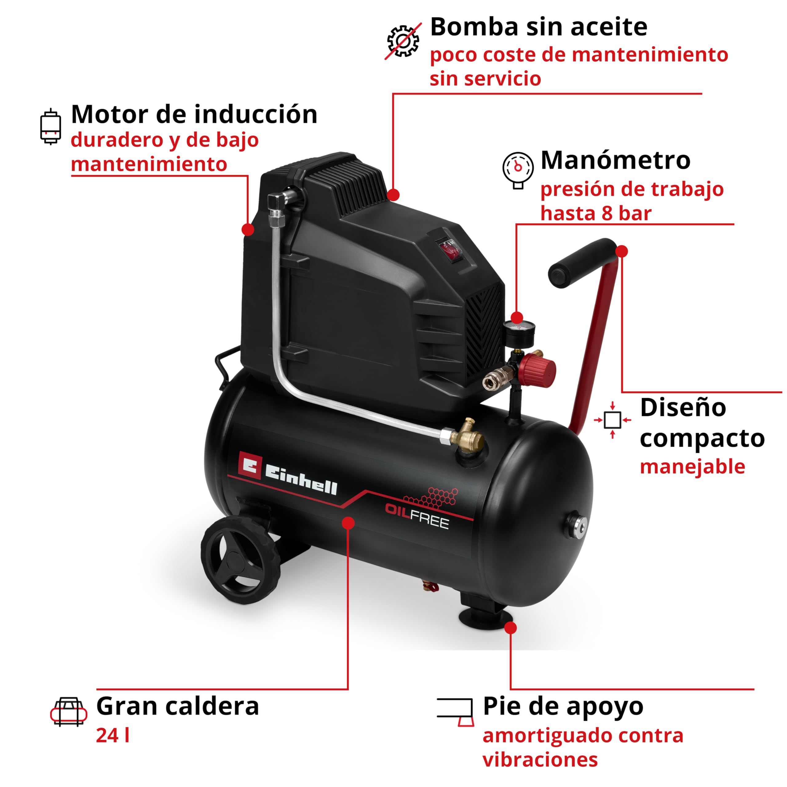 Einhell compresor TC-AC 190/24/8 I OF (1100 W, máx. 8 bar, depósito 24 l, potencia de aspiración 190 l/min, sin aceite, bajo mantenimiento, manómetro, reductor de presión)