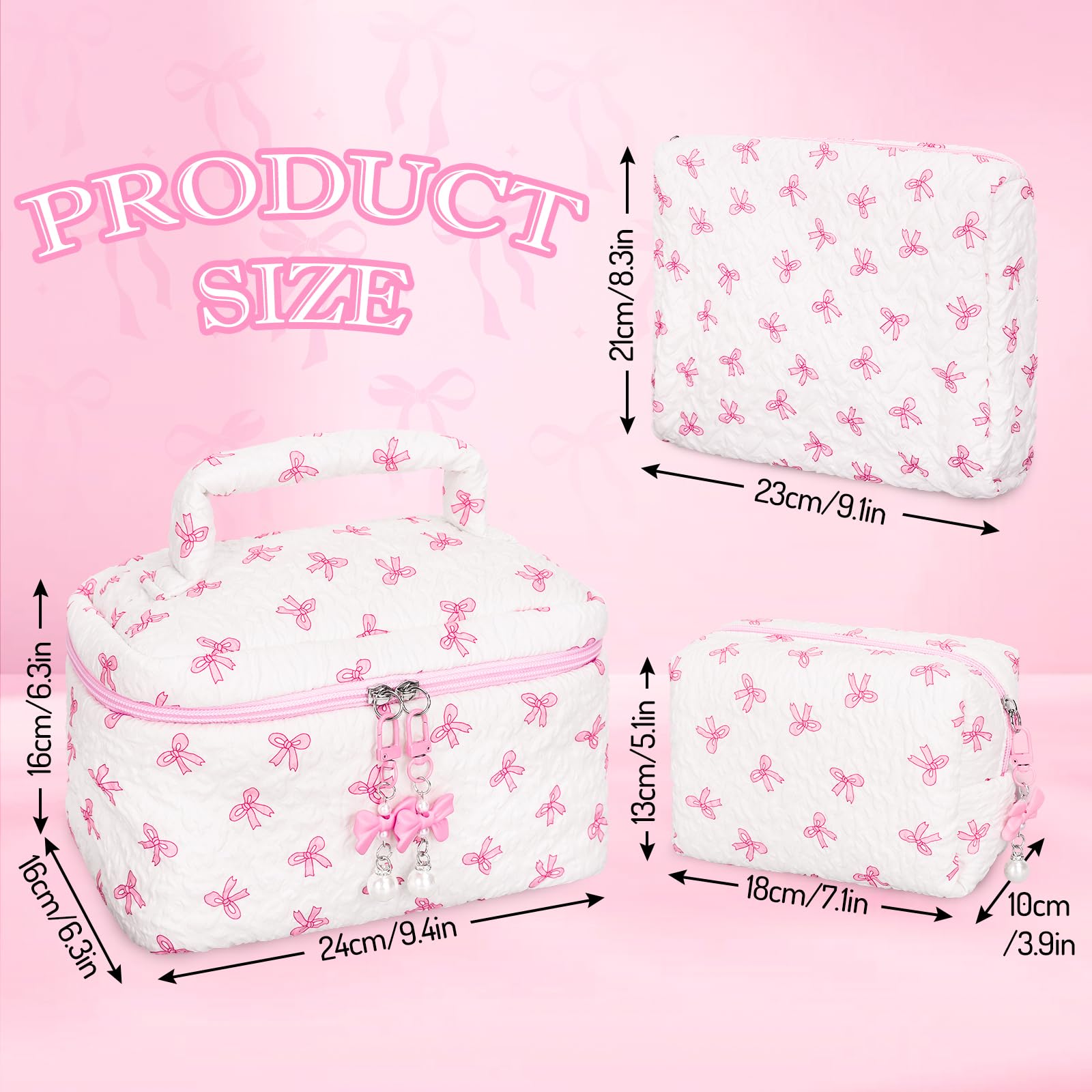 FYSUIMU 3 Pack Pink Bow Makeup Bag Cute Coquette Bowknot Cosmetic Bag Aesthetic Organizer Toiletry Bag with Zipper for Women Party Favor Supplies