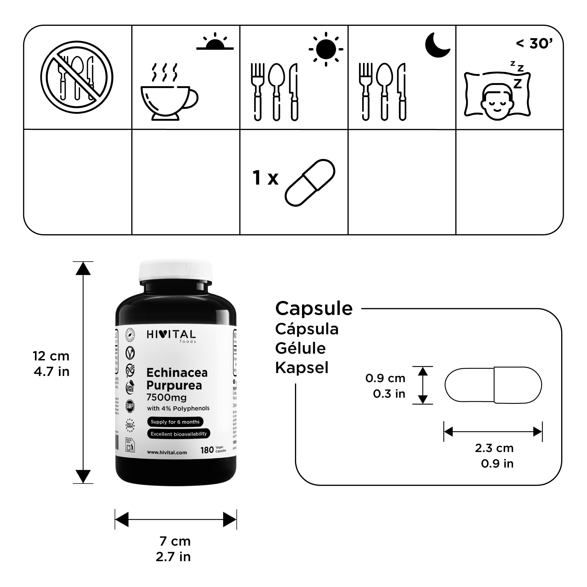 Echinacea Purpurea 7500 mg. 180 capsules vegan pour 6 mois de traitement. Extrait naturel de racine d'Echinacea Purpurea avec 4% de Polyphénols. Fabriqué en Europe par HIVITAL