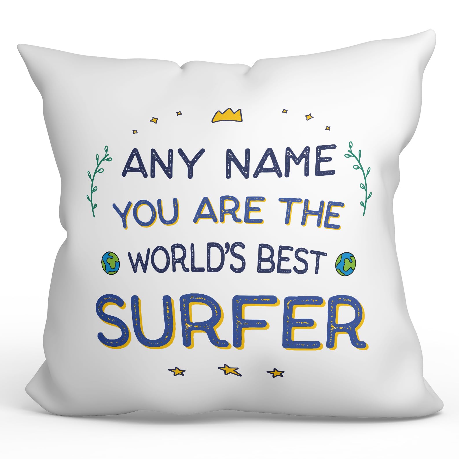 MUGFFINS Personalised Cushion for SURFER Padding included - in English - World's Best - Funny custom gift - Pillow: cover and filling 15.7x15.7 inches โ image 1