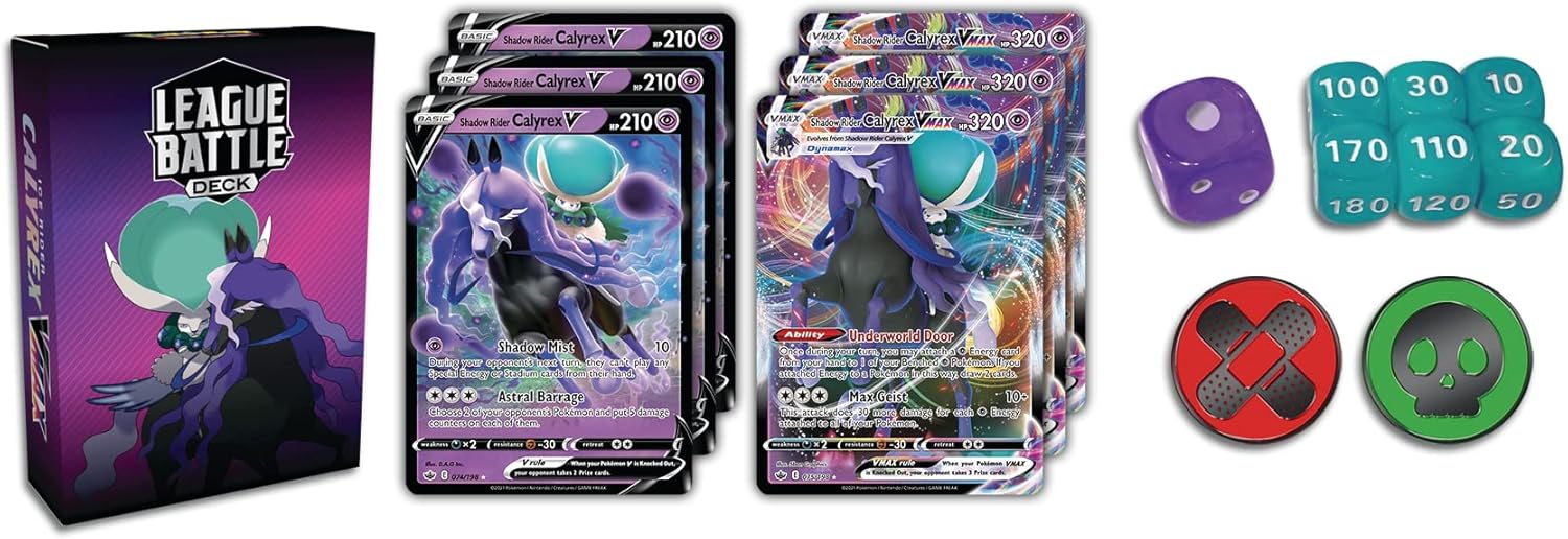 Pokémon TCG: Shadow Rider Calyrex VMAX League Battle Deck (60 Cards Ready to Play Deck, 3 Foil V Cards & 3 Foil VMAX Cards)