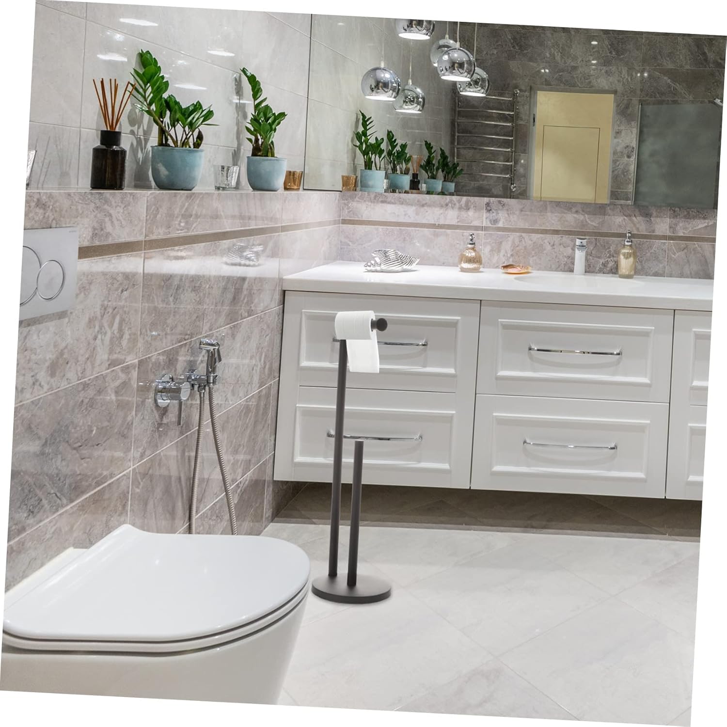 Standing Toilet Paper Holder Stand Vertical Paper Towel Rack with Sturdy Flat Base for Bathroom Kitchen Living Space-Saving Easy One-Hand Operation Fits Standard