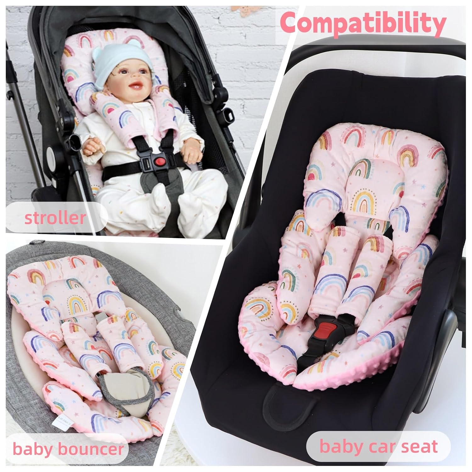 Infant Car Seat Insert, Car Seat Head Support Baby Girls with 2 Strap Covers, Soft & Reversible Newborn Carseat Insert Cushion for Stroller, Swing, Bouncer (Pink Rainbow) image 3